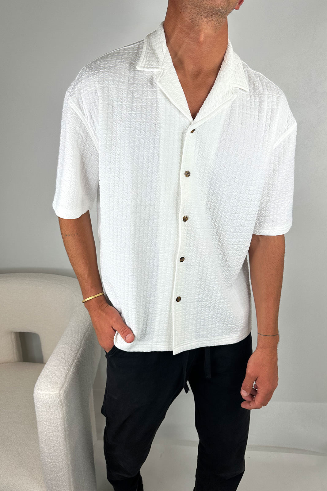 Raf Cropped Shirt Square Texture White