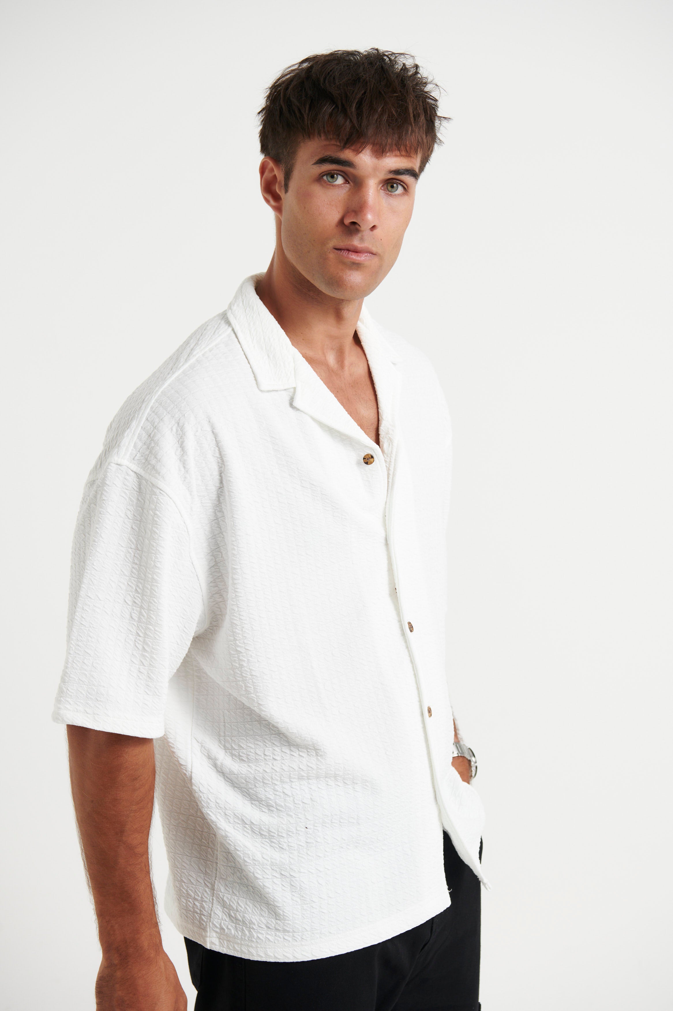 Raf Cropped Shirt Square Texture White