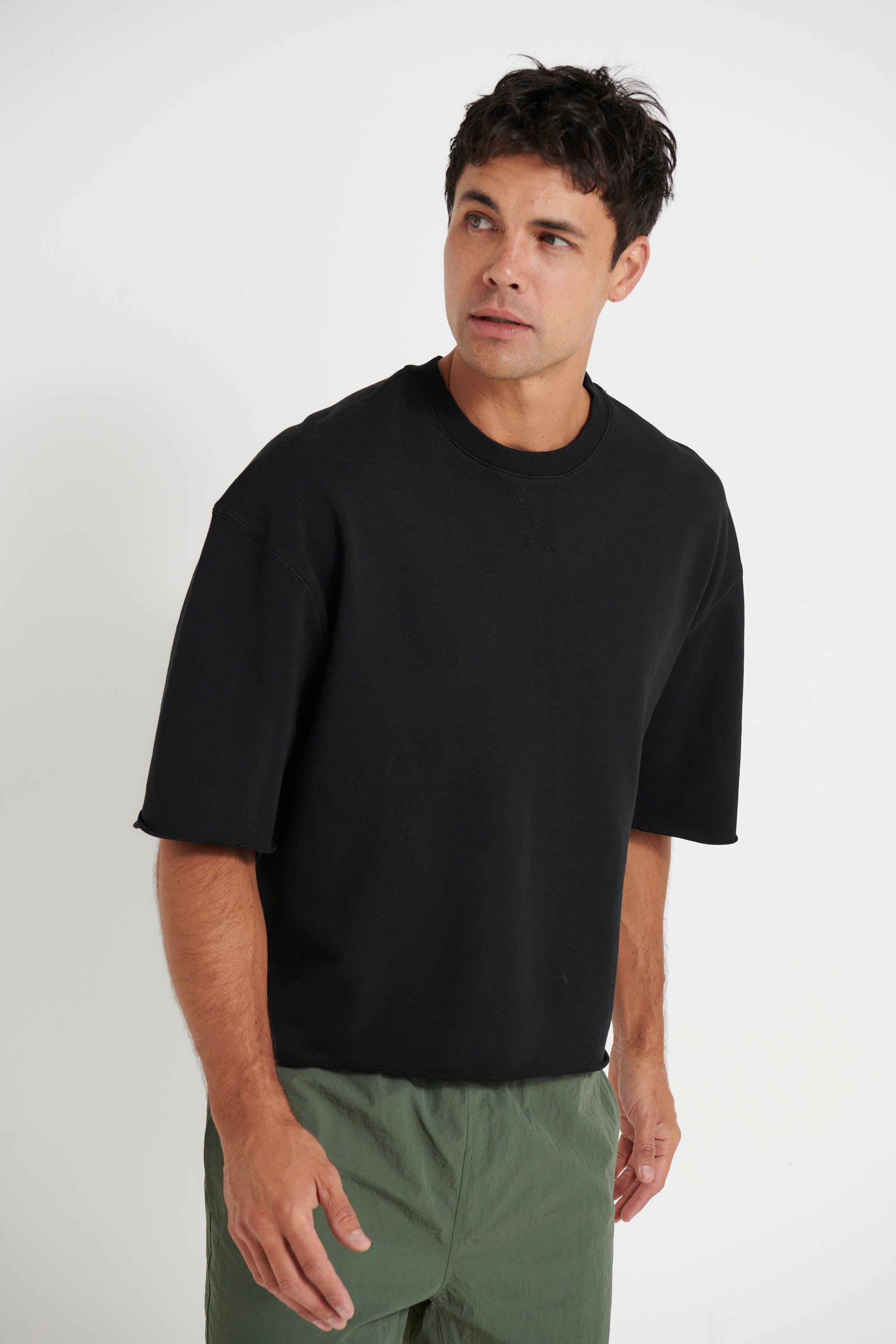 Crop Box Fleece Tee Wash Black