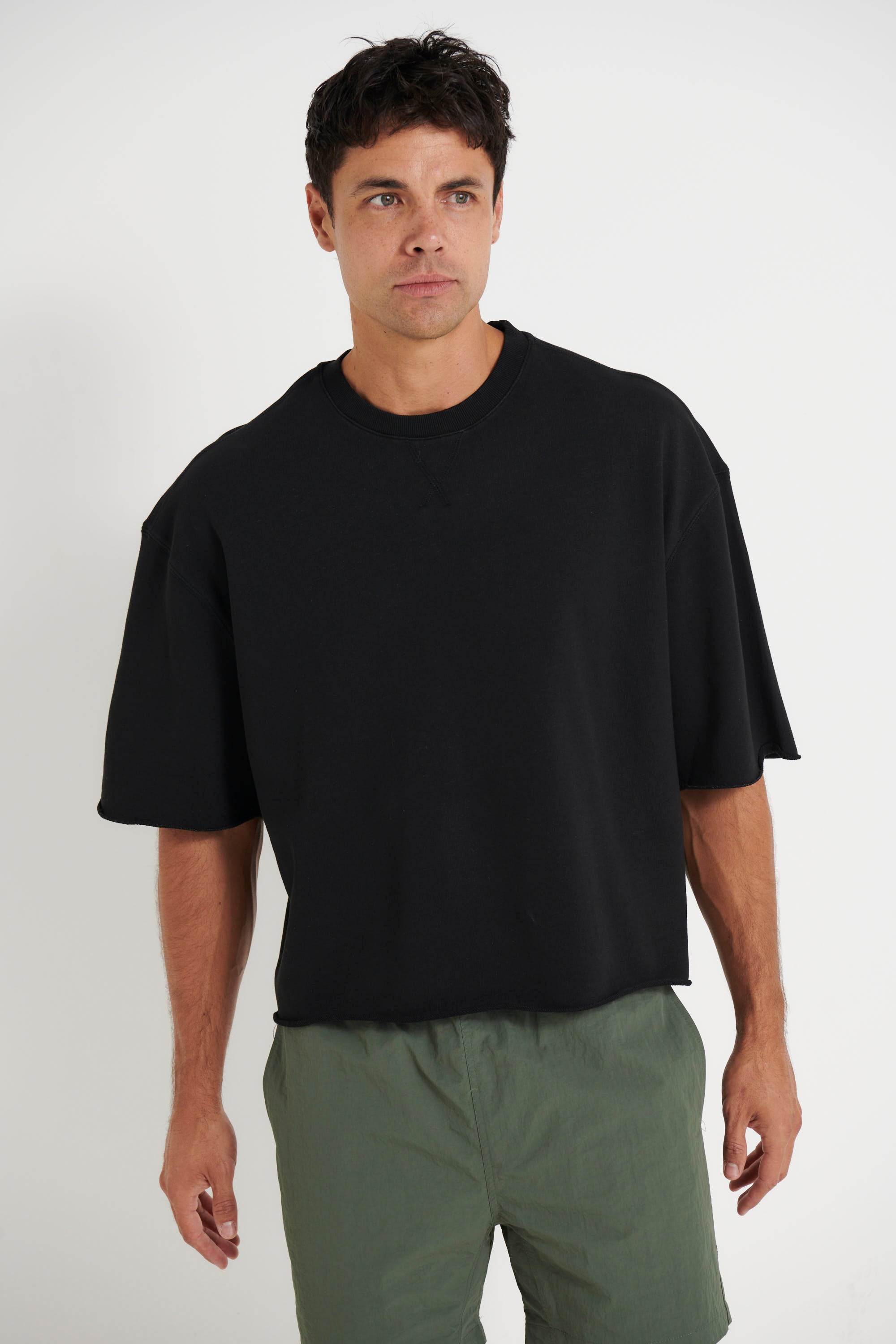 Crop Box Fleece Tee Wash Black