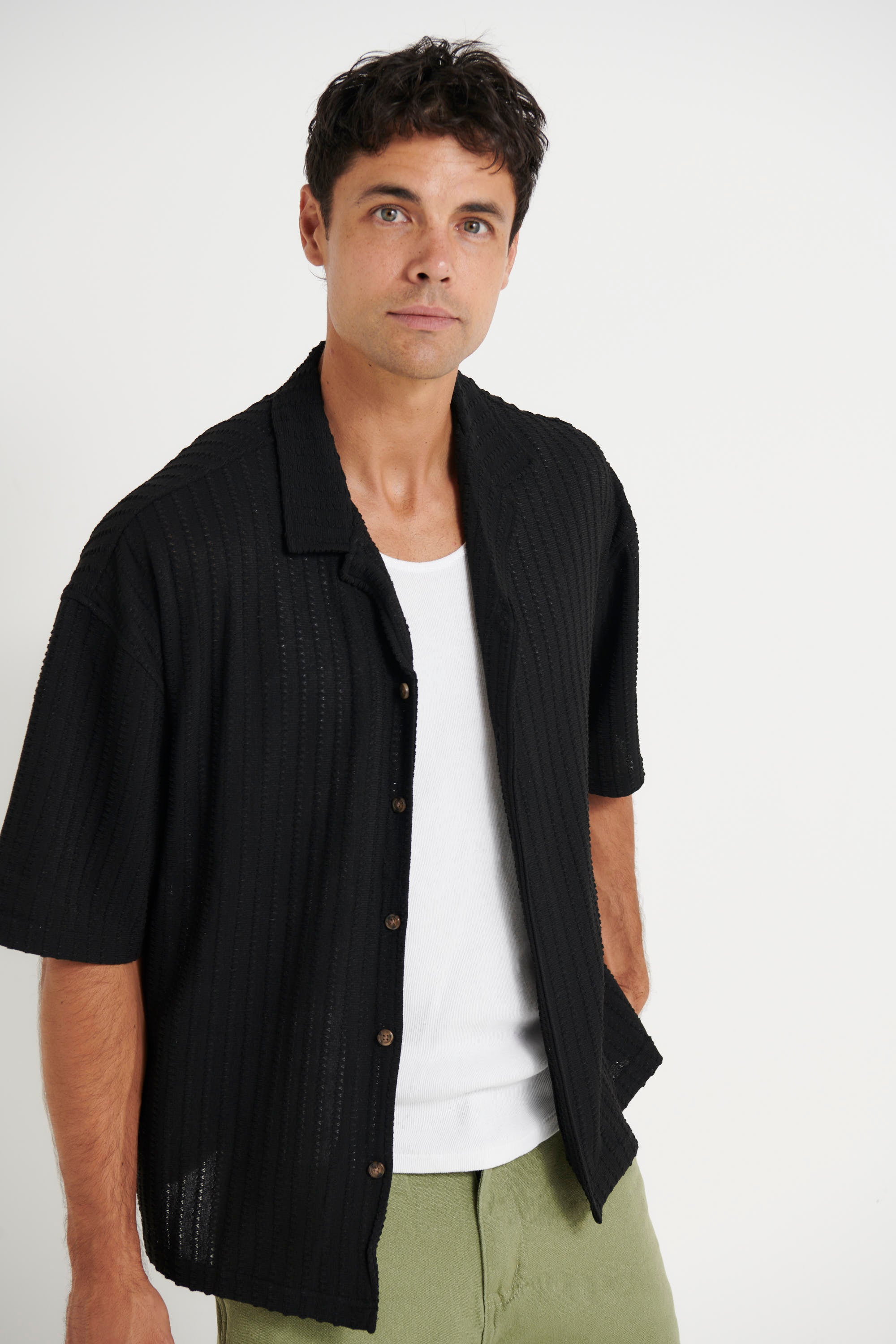 Raf Cropped Shirt Knit Stripe Black