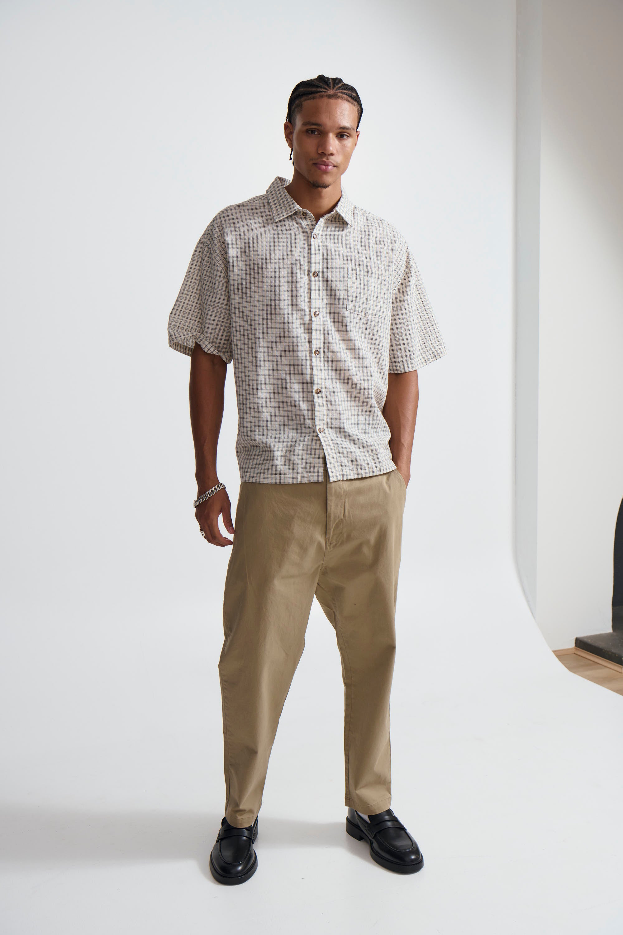 Nathaniel Drop Shirt Check Ivory