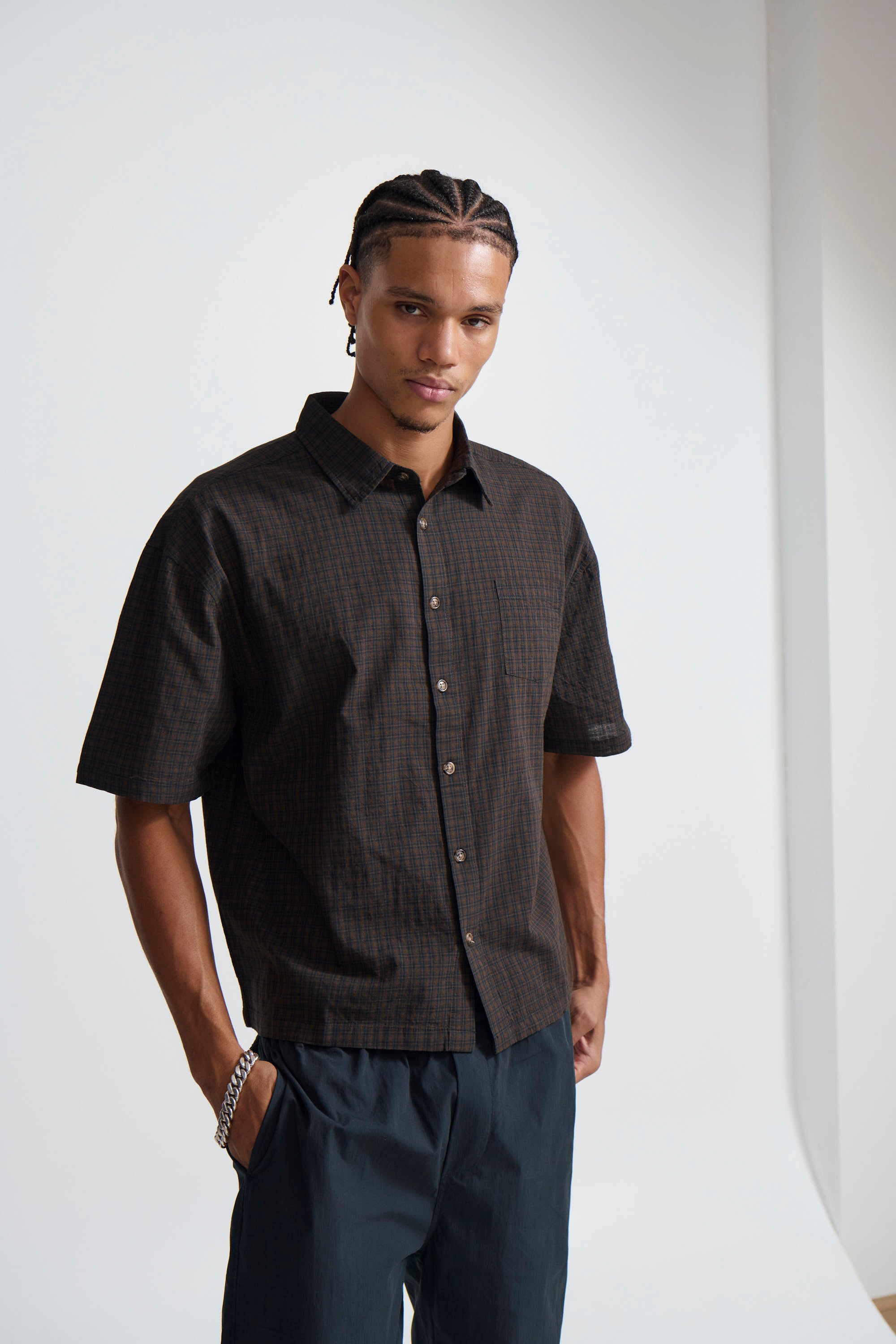 Nathaniel Drop Shirt Check Dark Brown