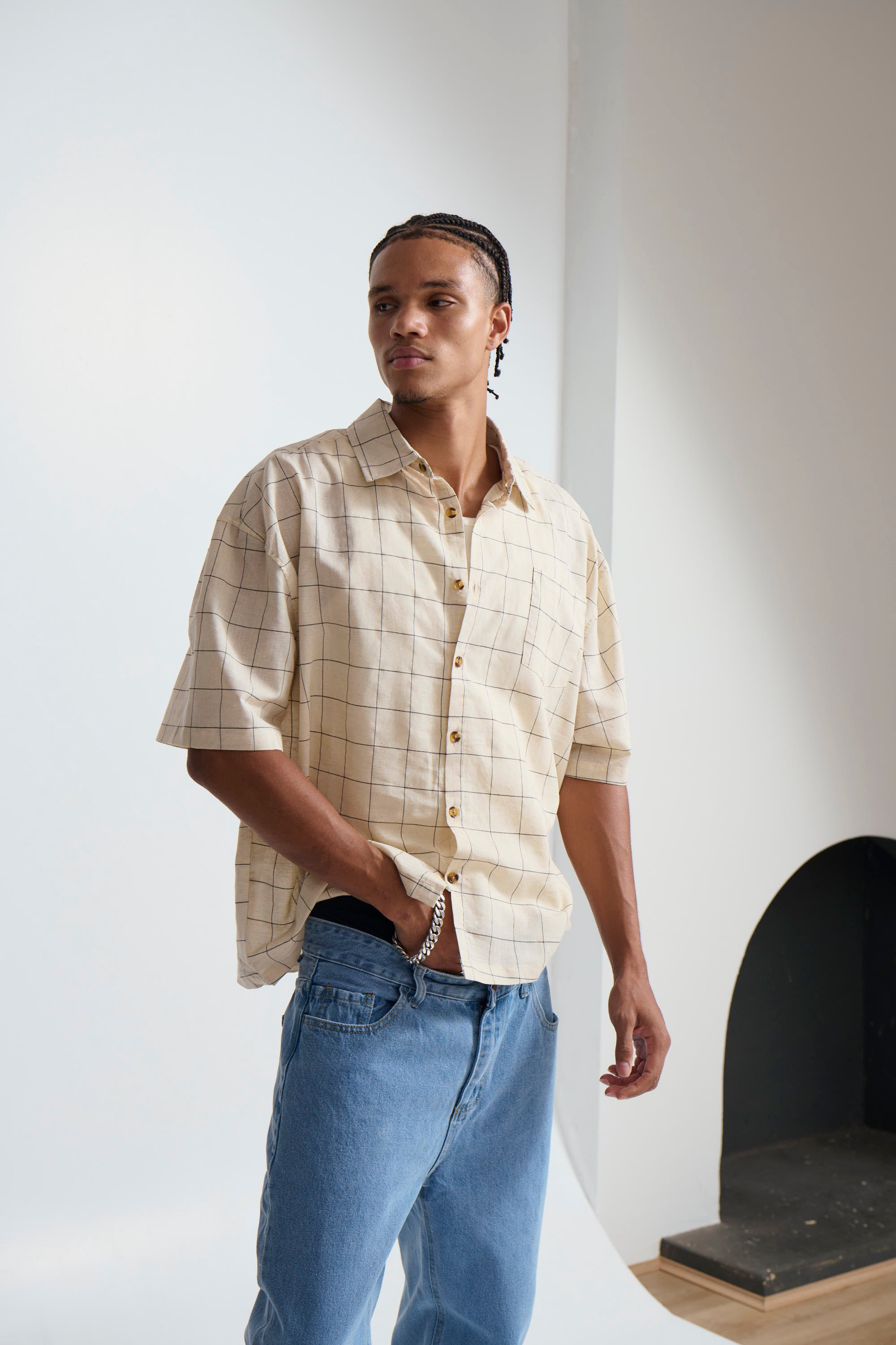Nathaniel Drop Shirt Beige Check