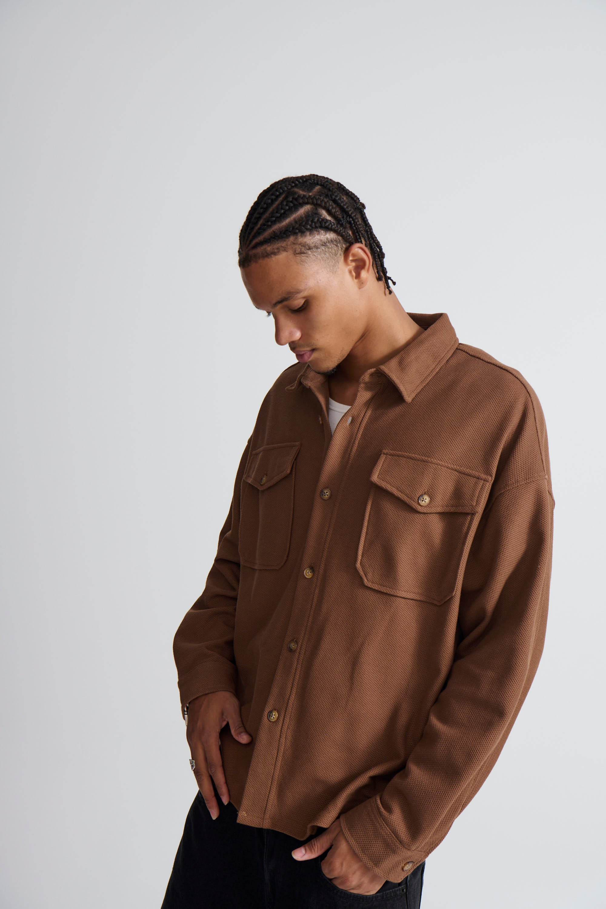 Texture Long Sleeve Shirt Choc - FINAL SALE