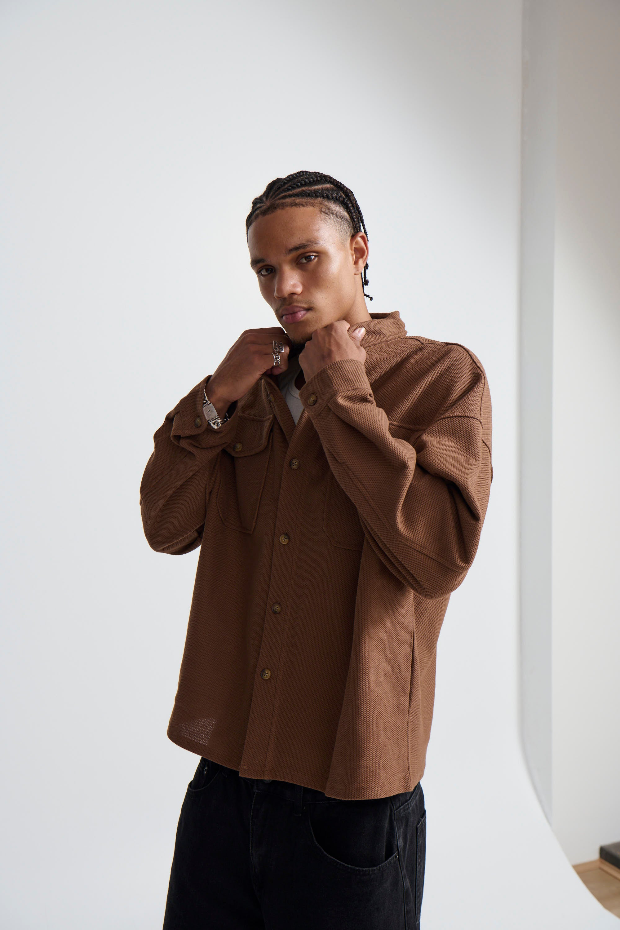 Texture Long Sleeve Shirt Choc - FINAL SALE