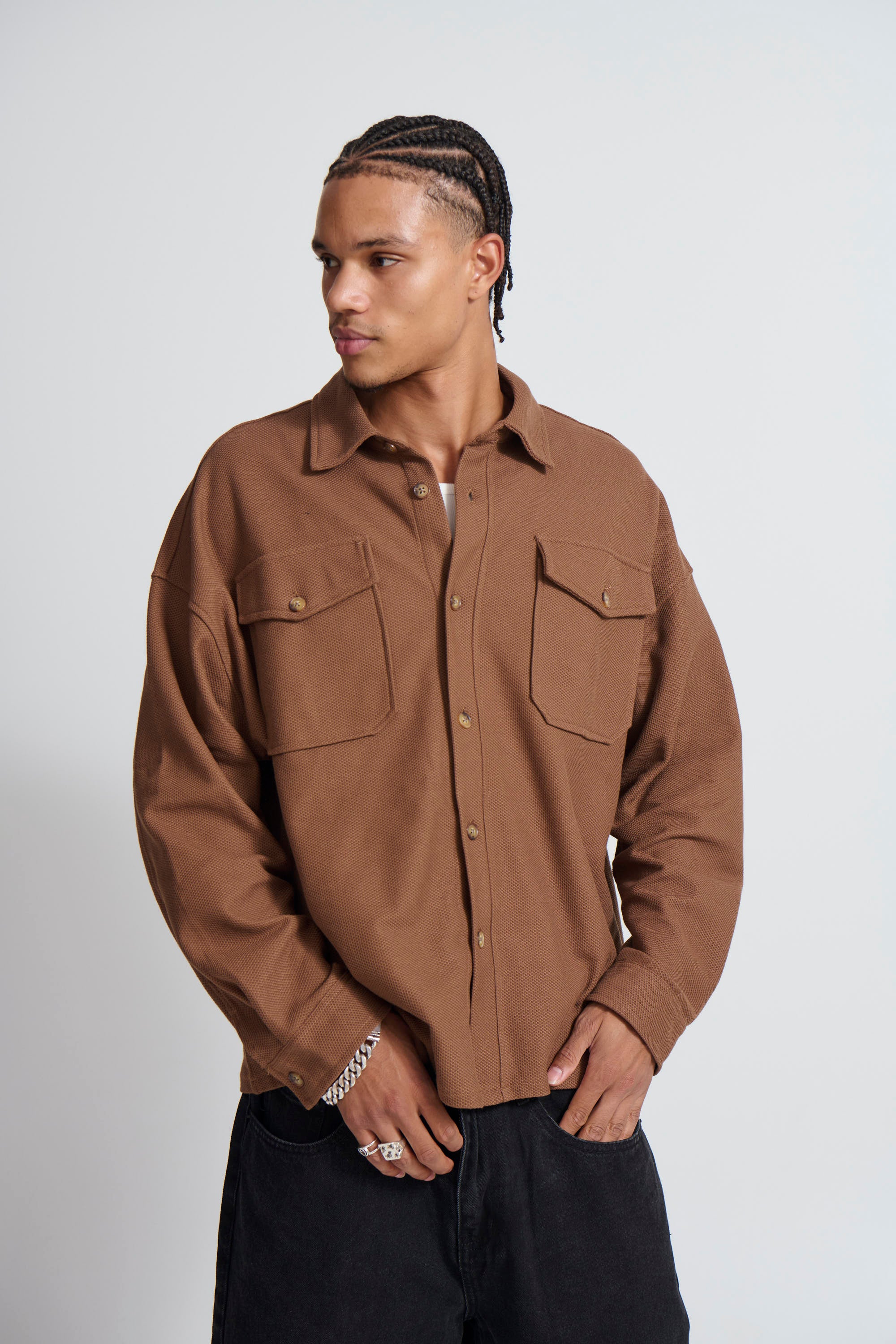 Texture Long Sleeve Shirt Choc - FINAL SALE