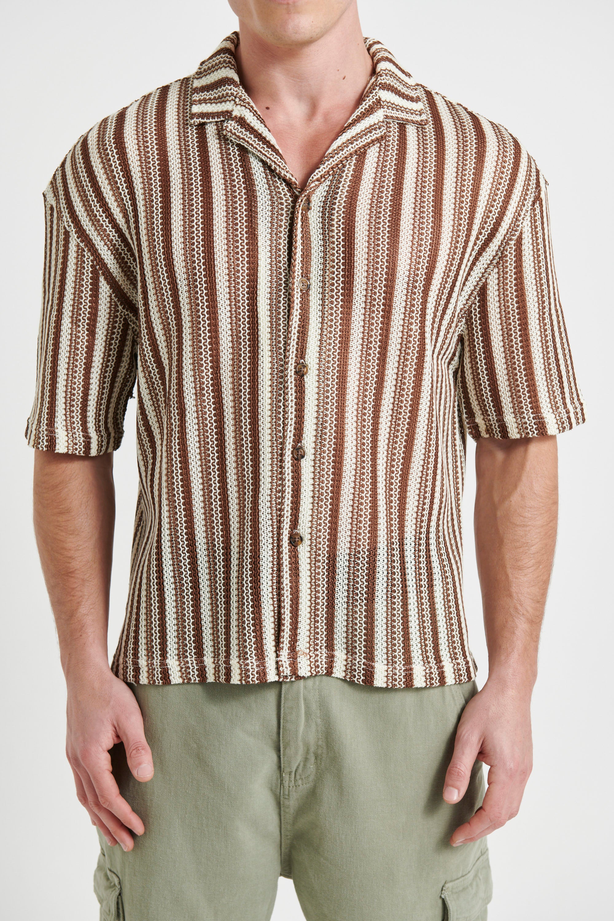 Raf Cropped Shirt Stripe Crochet Tan