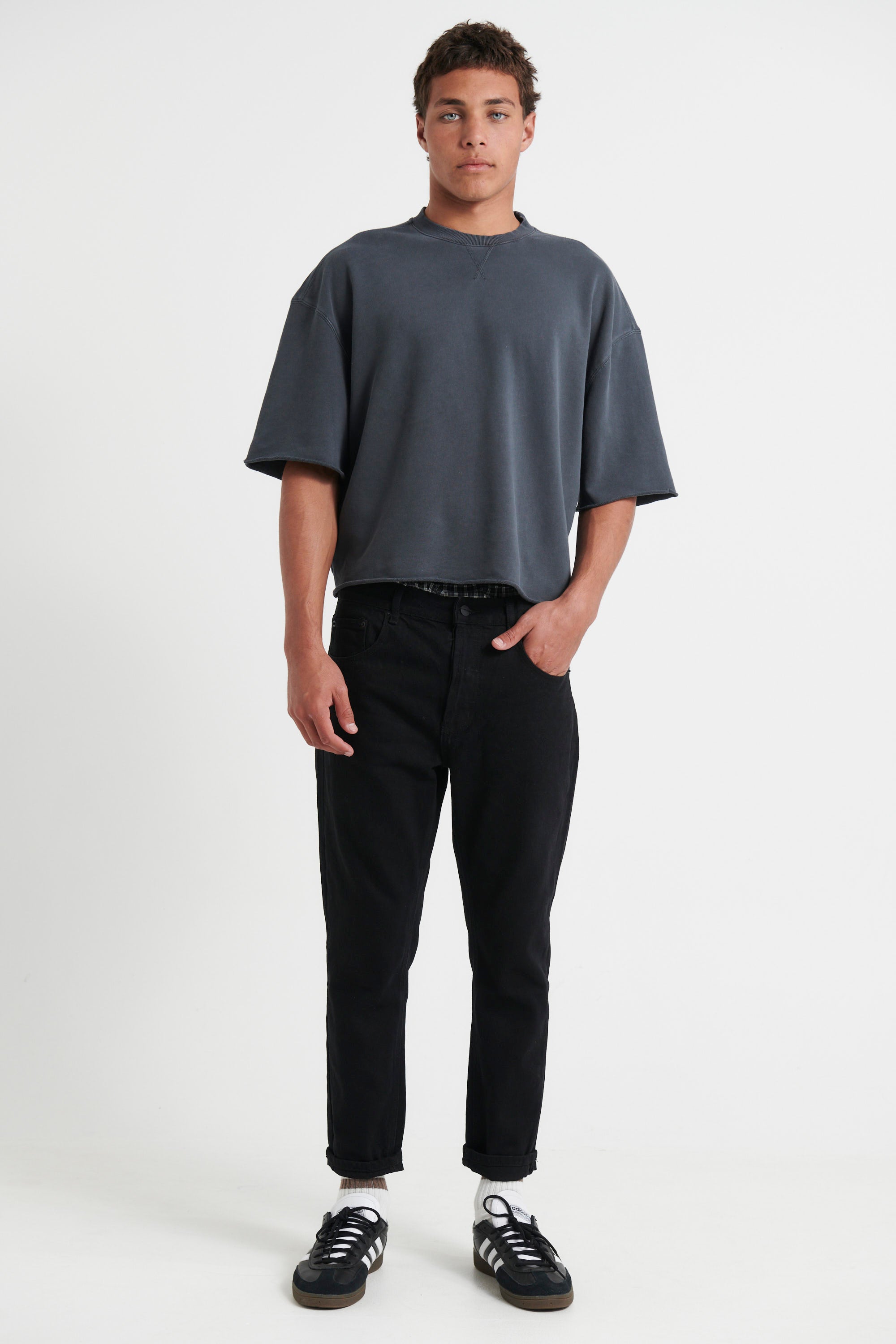 Crop Box Fleece Tee Charcoal