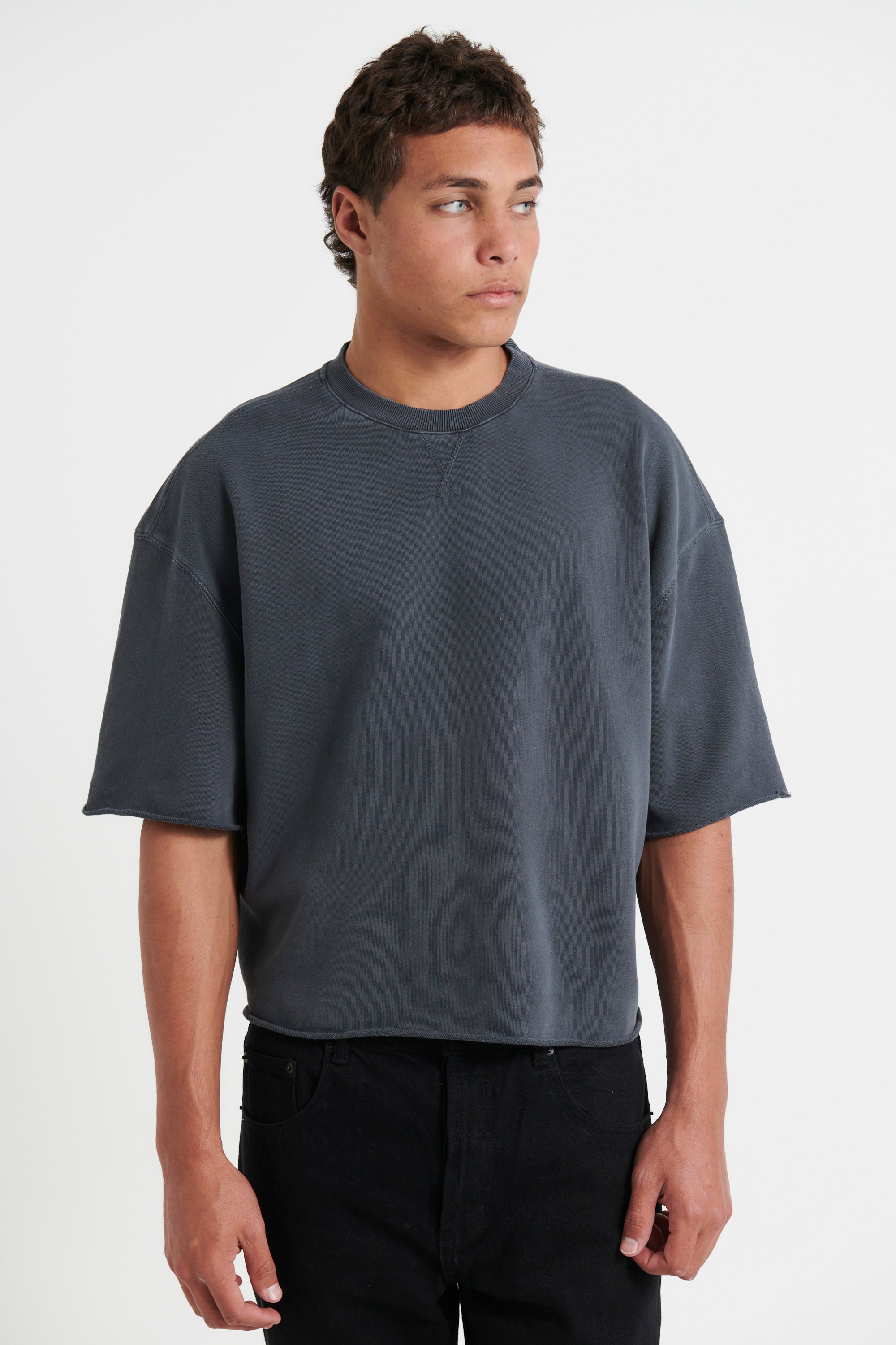 Crop Box Fleece Tee Charcoal