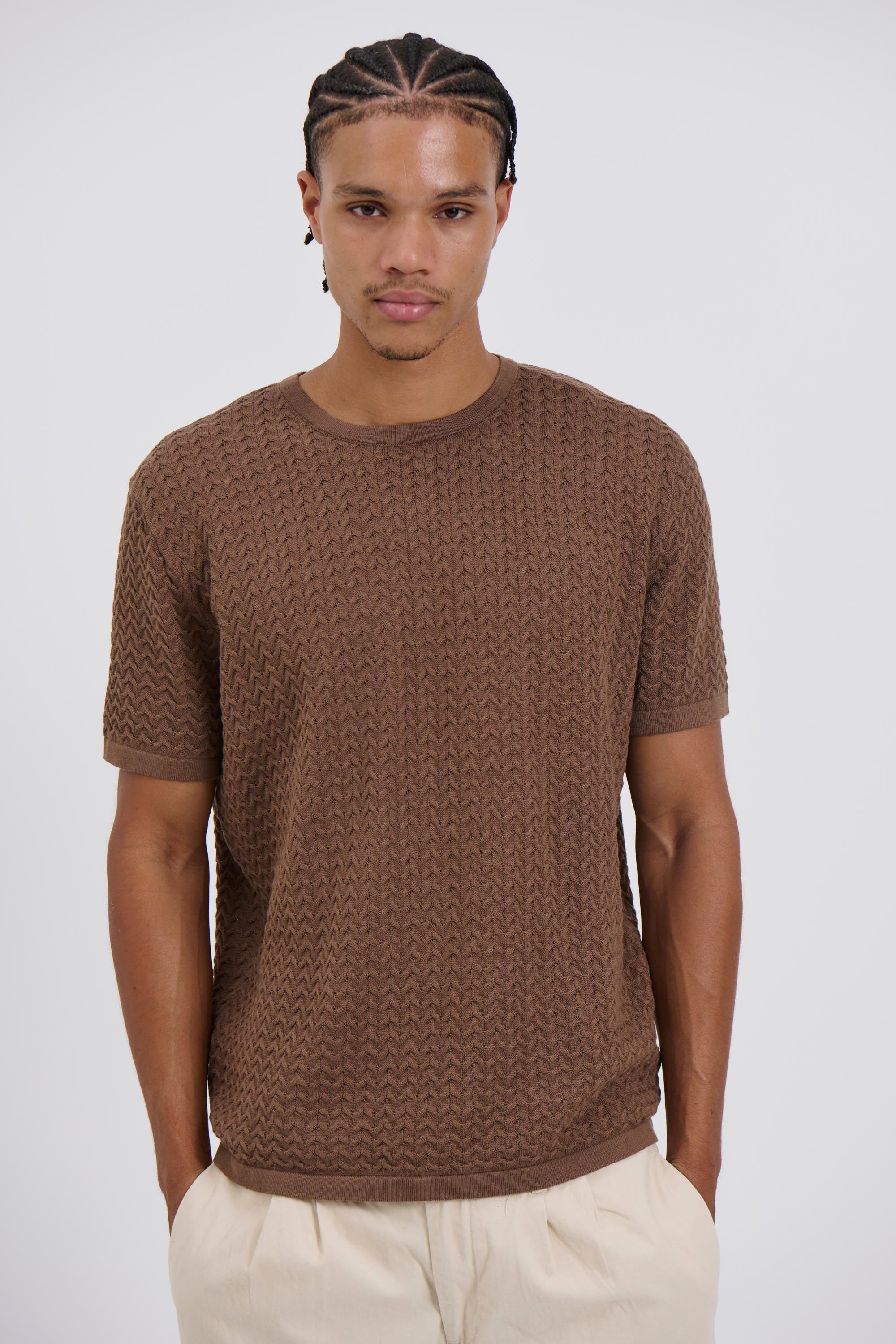 Carter Knitted Crew Tee Choc