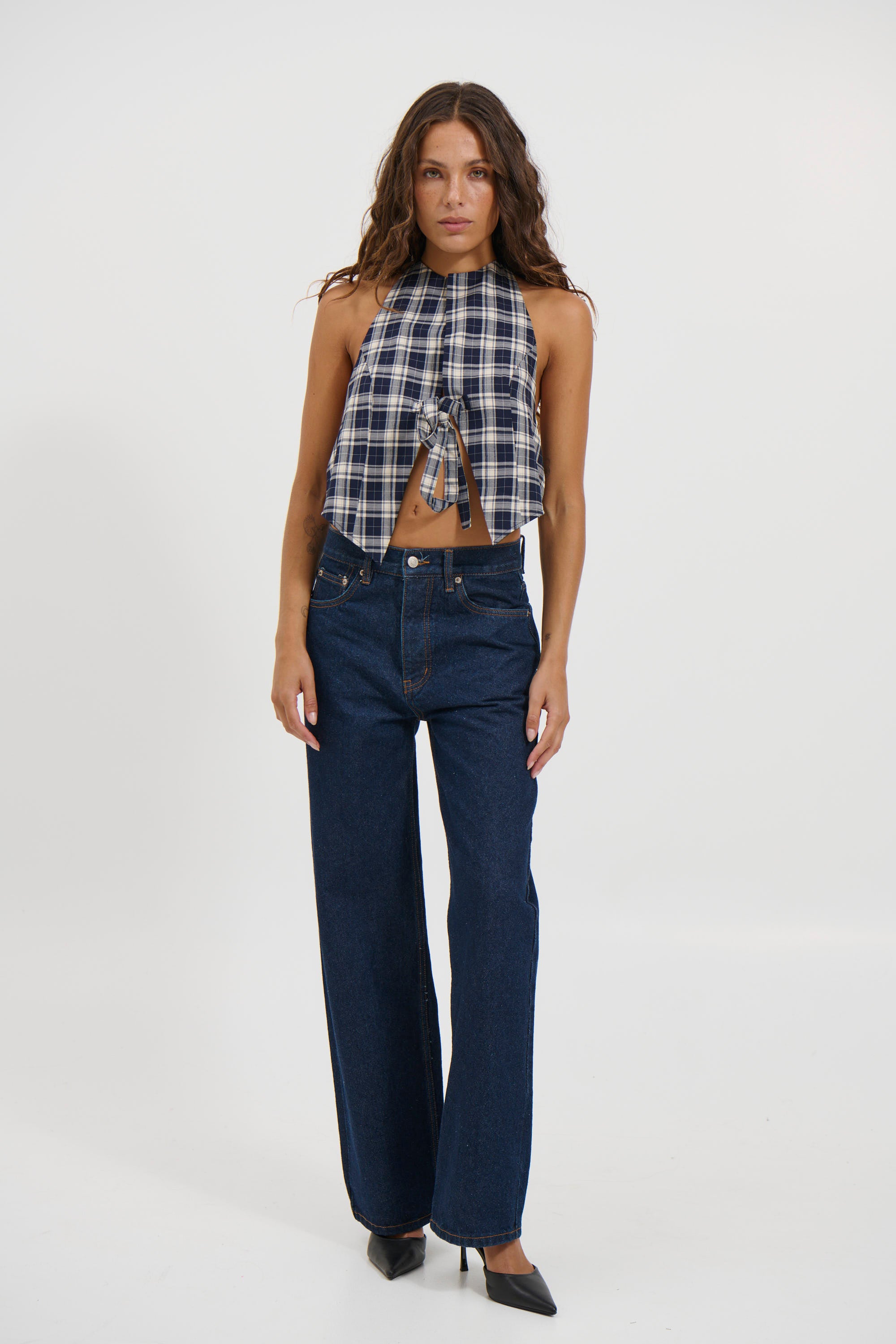 Butterfly Tie Top Navy Check