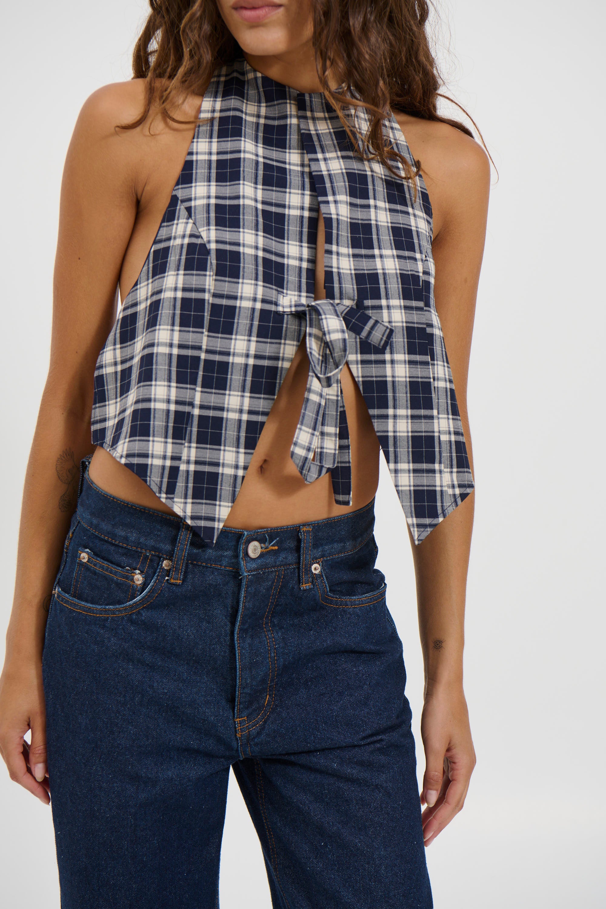 Butterfly Tie Top Navy Check