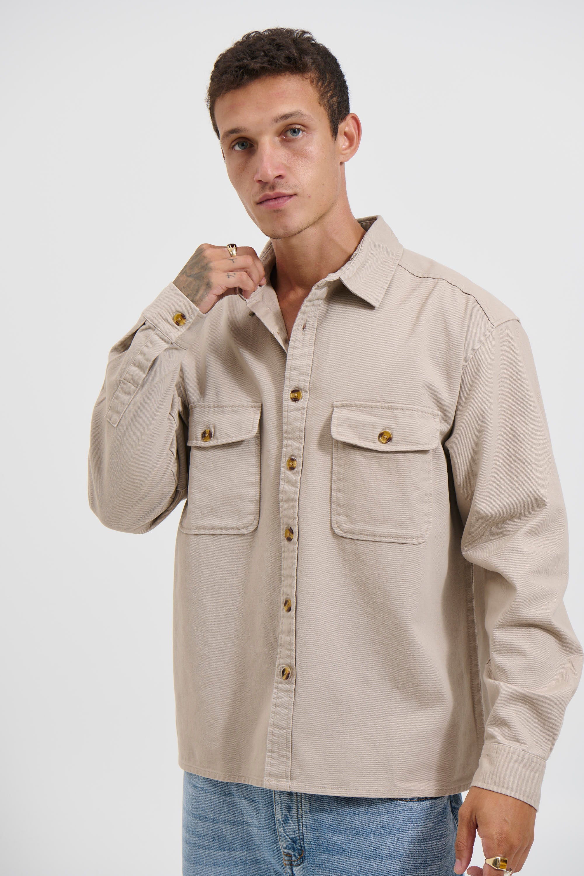 Mike Cotton Drill Shacket Tan
