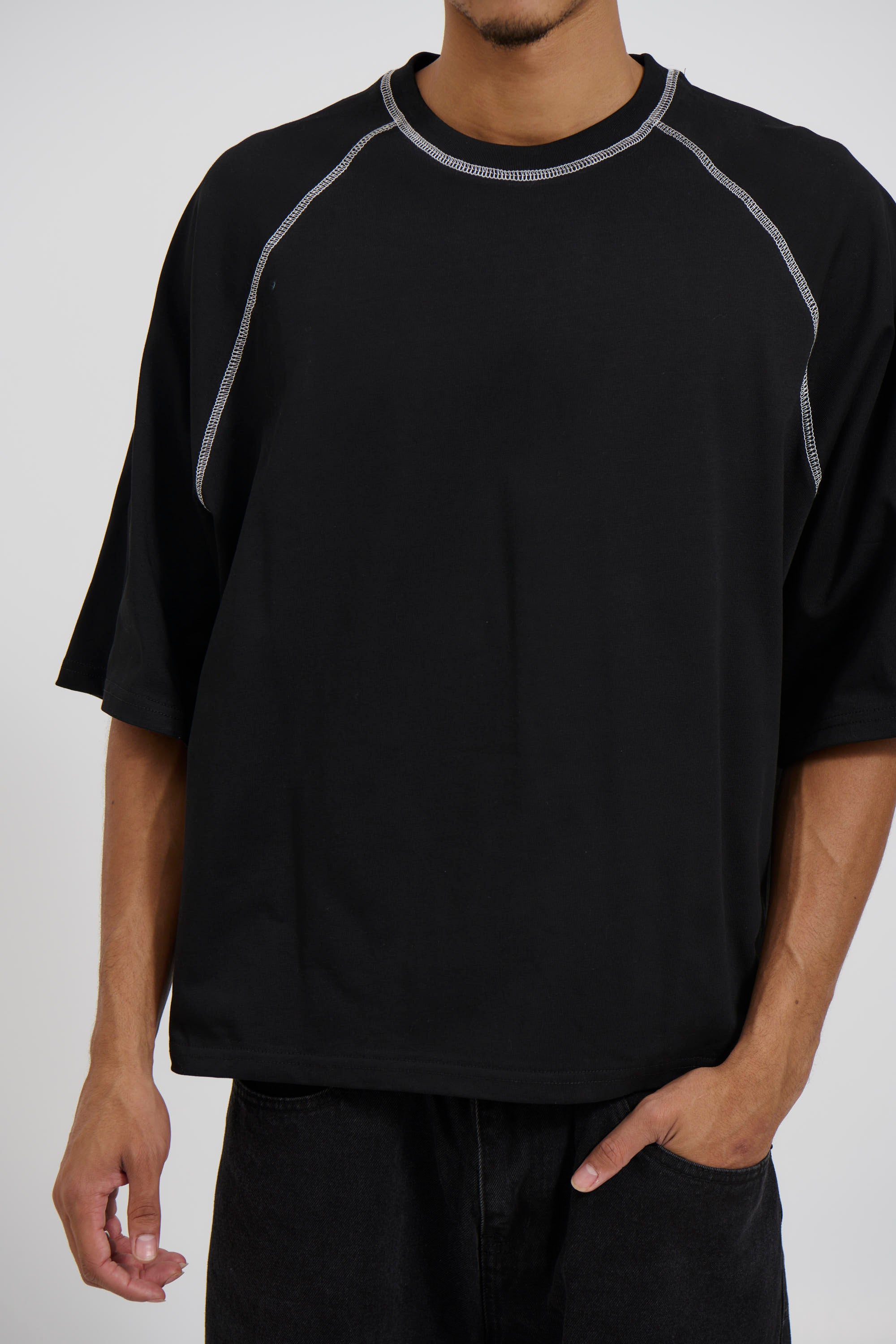 Contrast Stitch Raglan Tee Black
