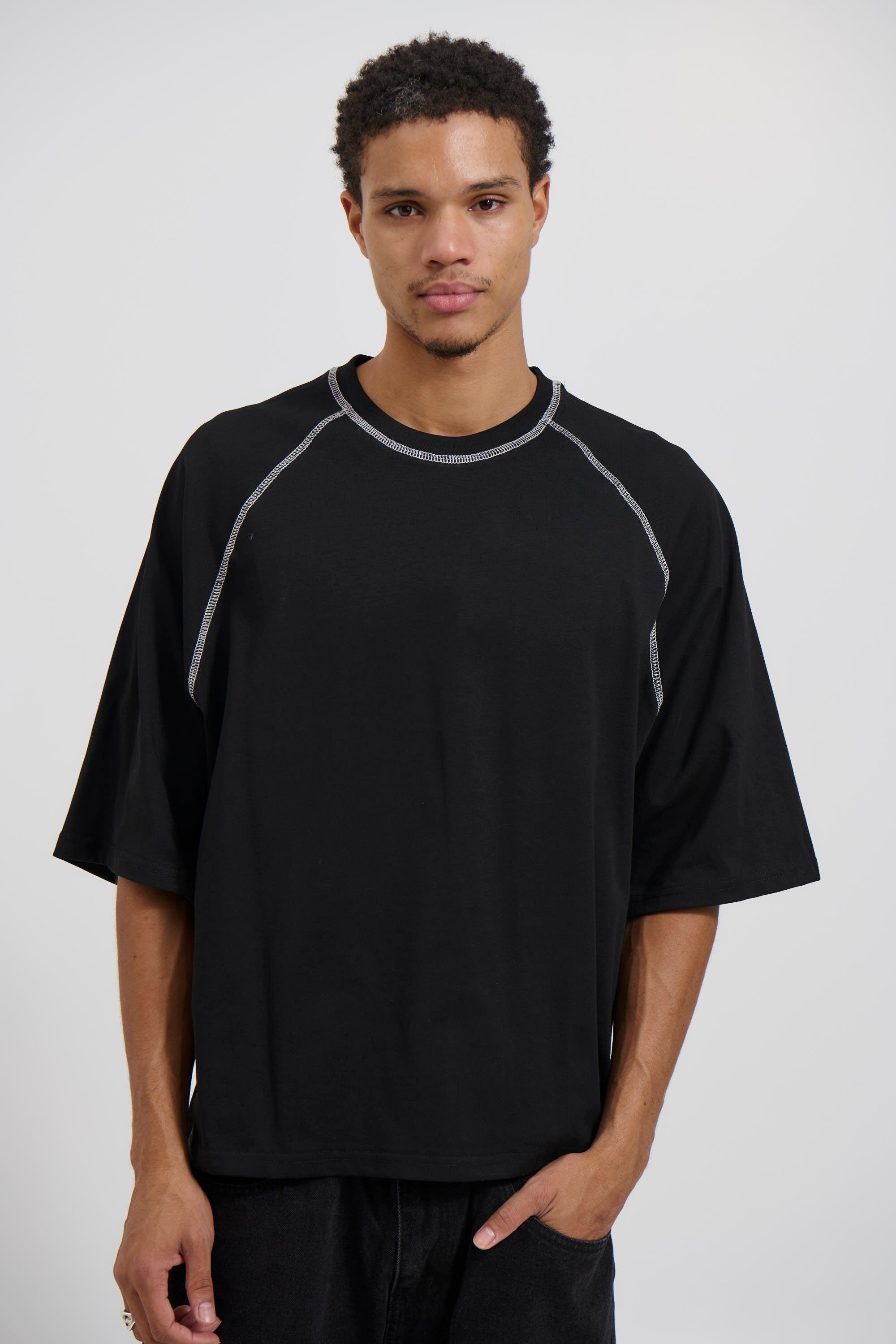 Contrast Stitch Raglan Tee Black