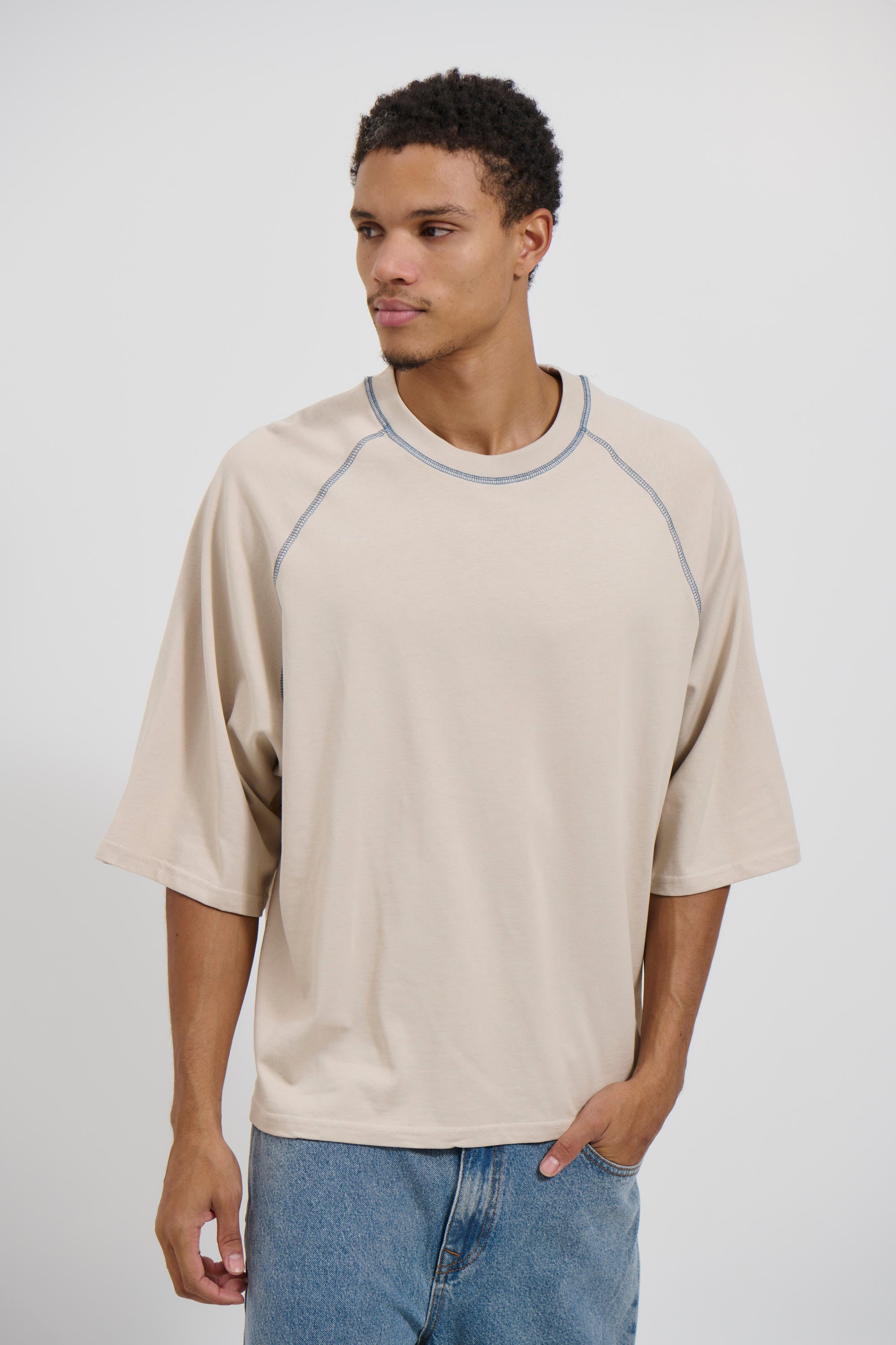 Contrast Stitch Raglan Tee Stone