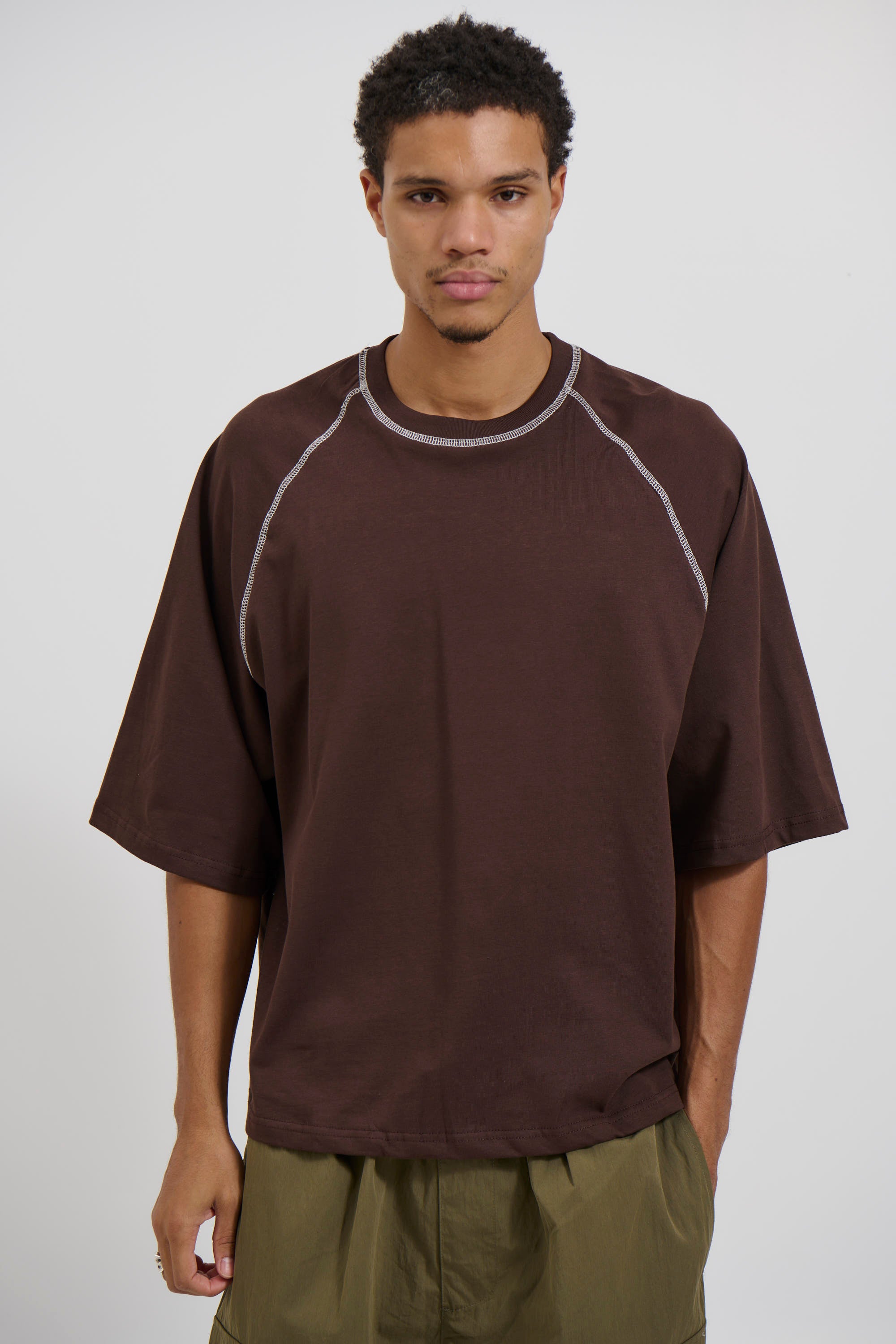 Contrast Stitch Raglan Tee Dark Brown