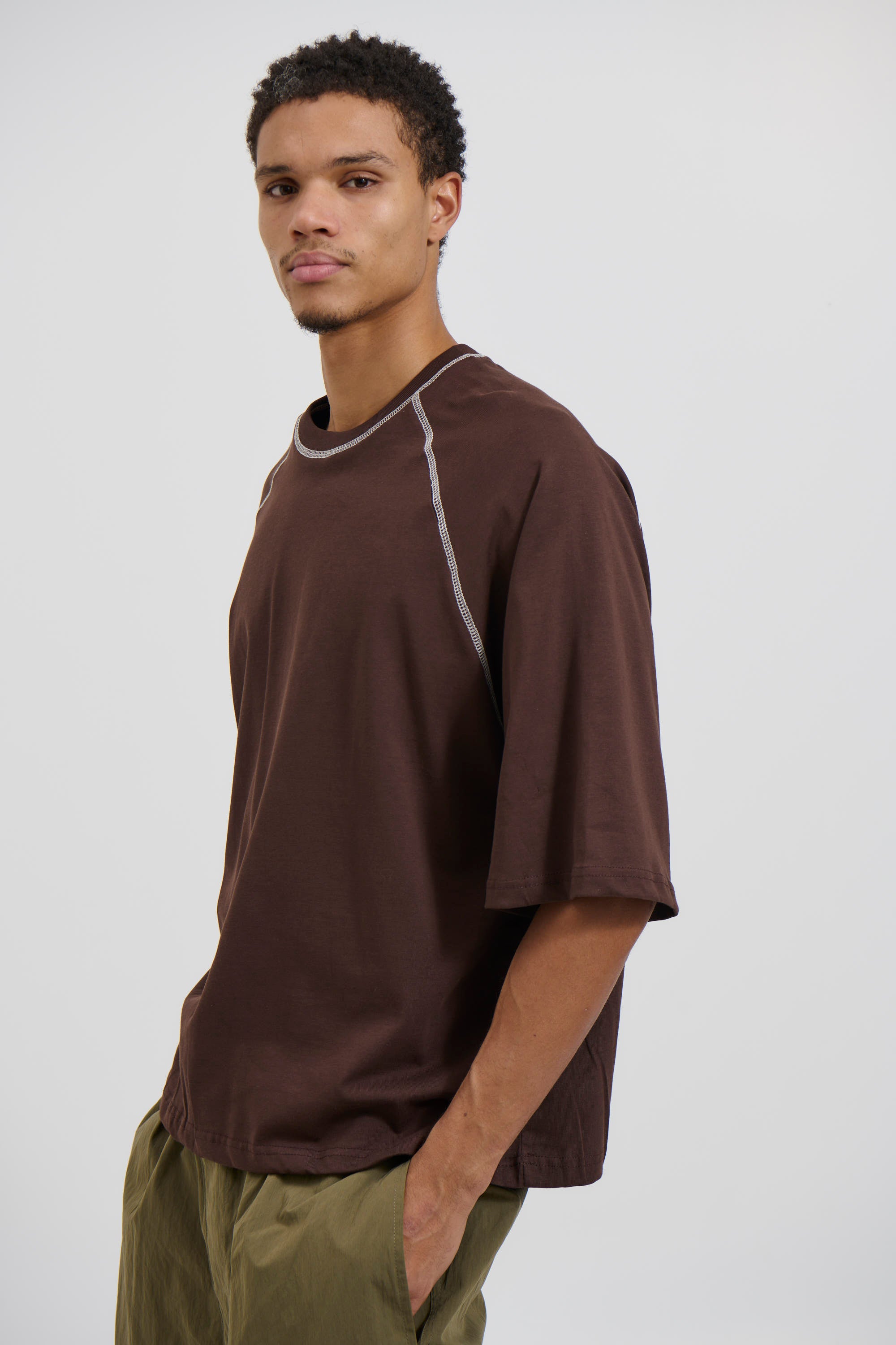 Contrast Stitch Raglan Tee Dark Brown