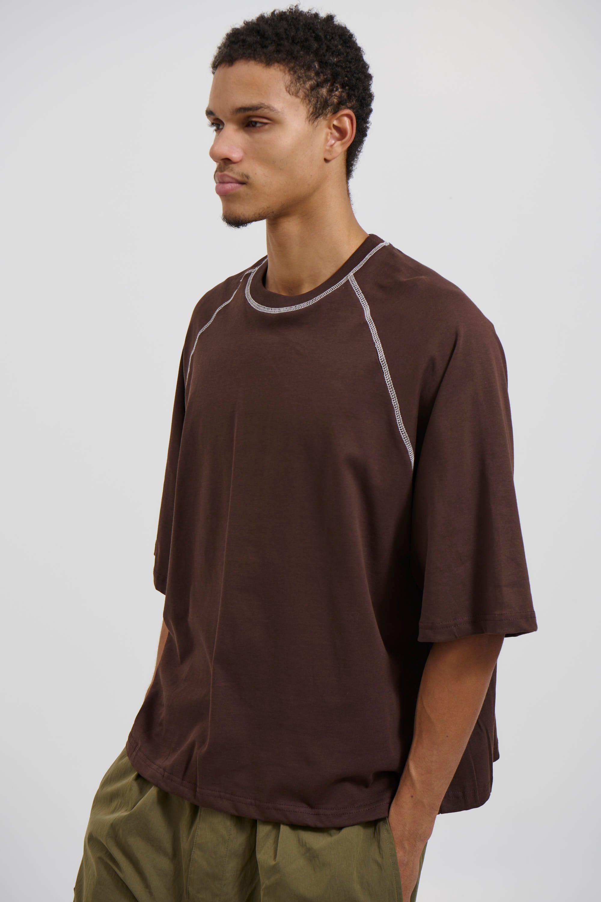 Contrast Stitch Raglan Tee Dark Brown