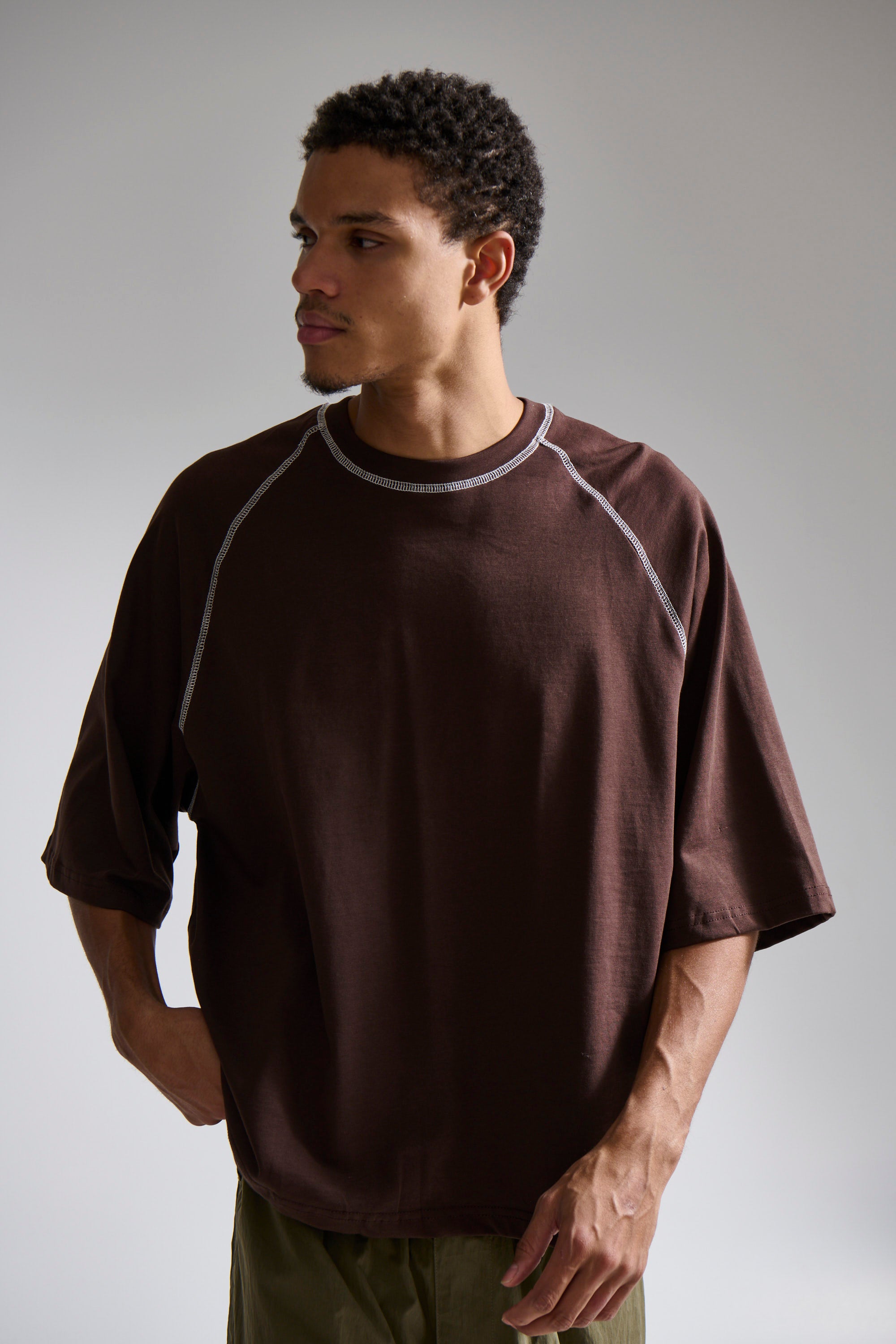 Contrast Stitch Raglan Tee Dark Brown