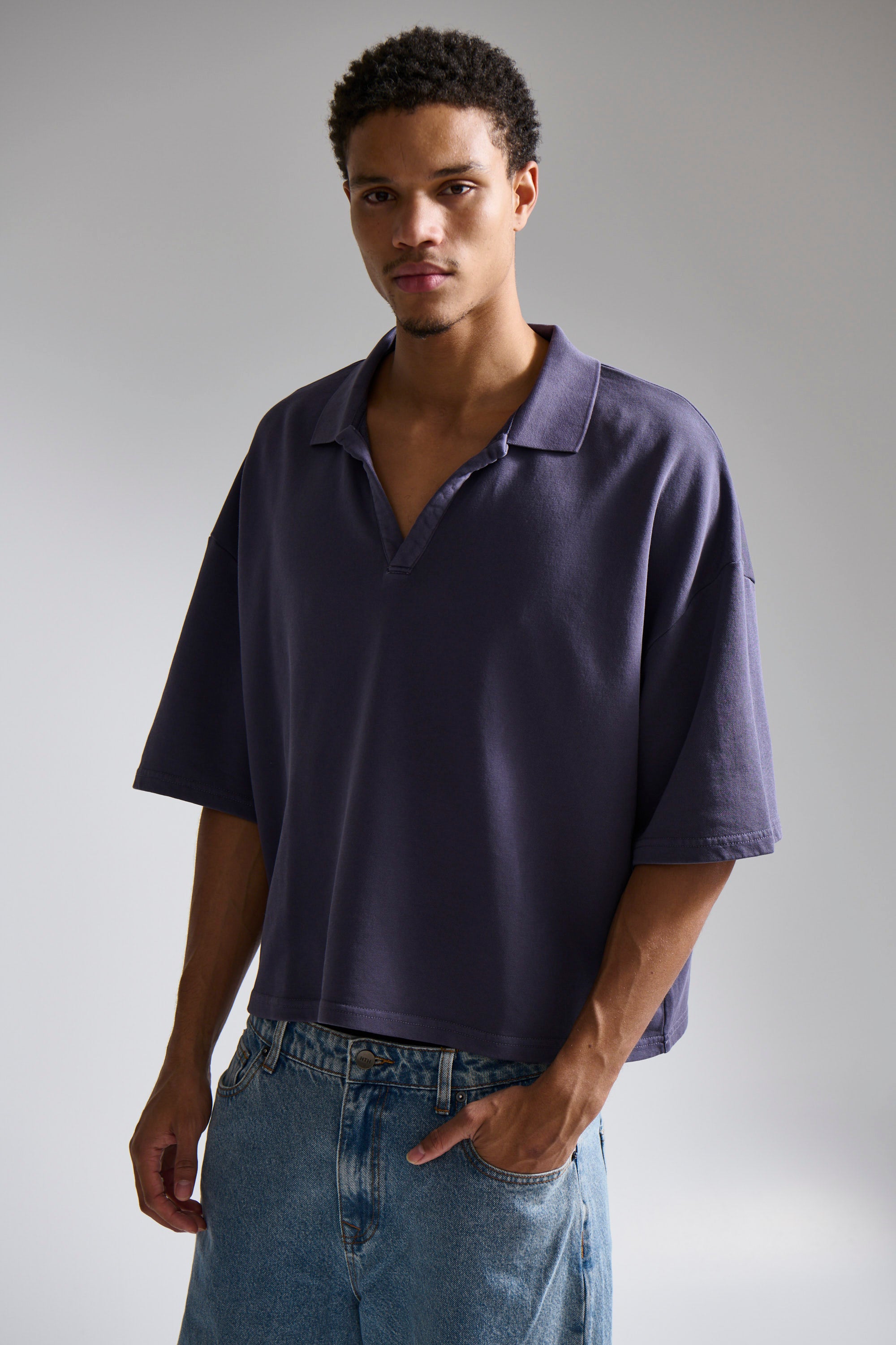 Jersey Crop Polo Washed Navy