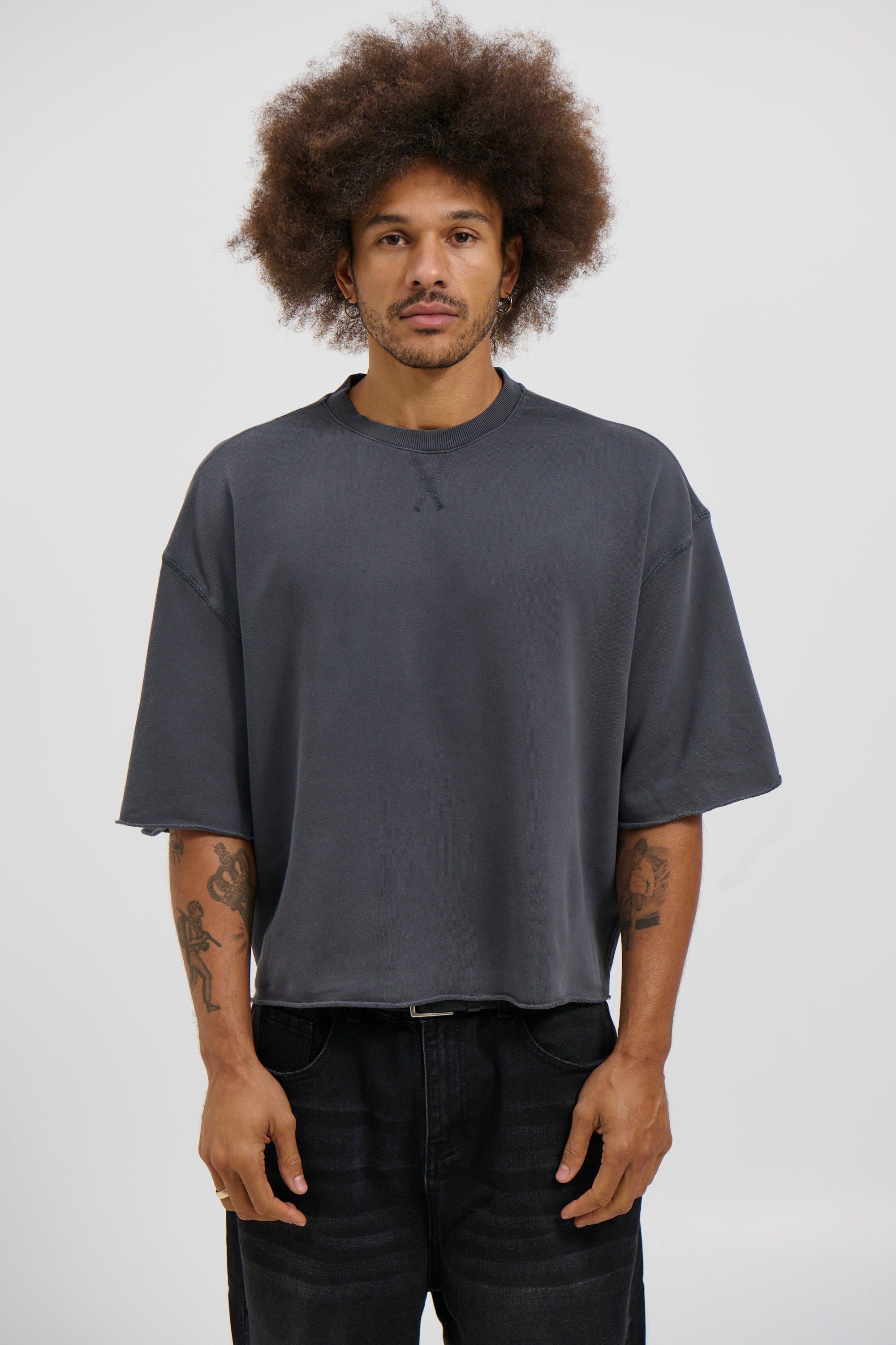 Crop Box Fleece Tee Charcoal