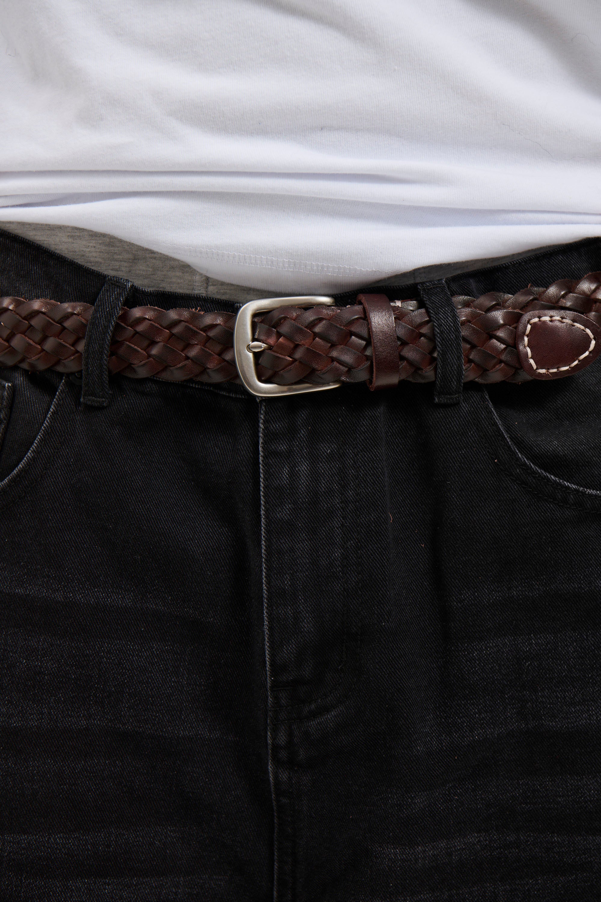 Leather Belt Thin Weave Dark Brown