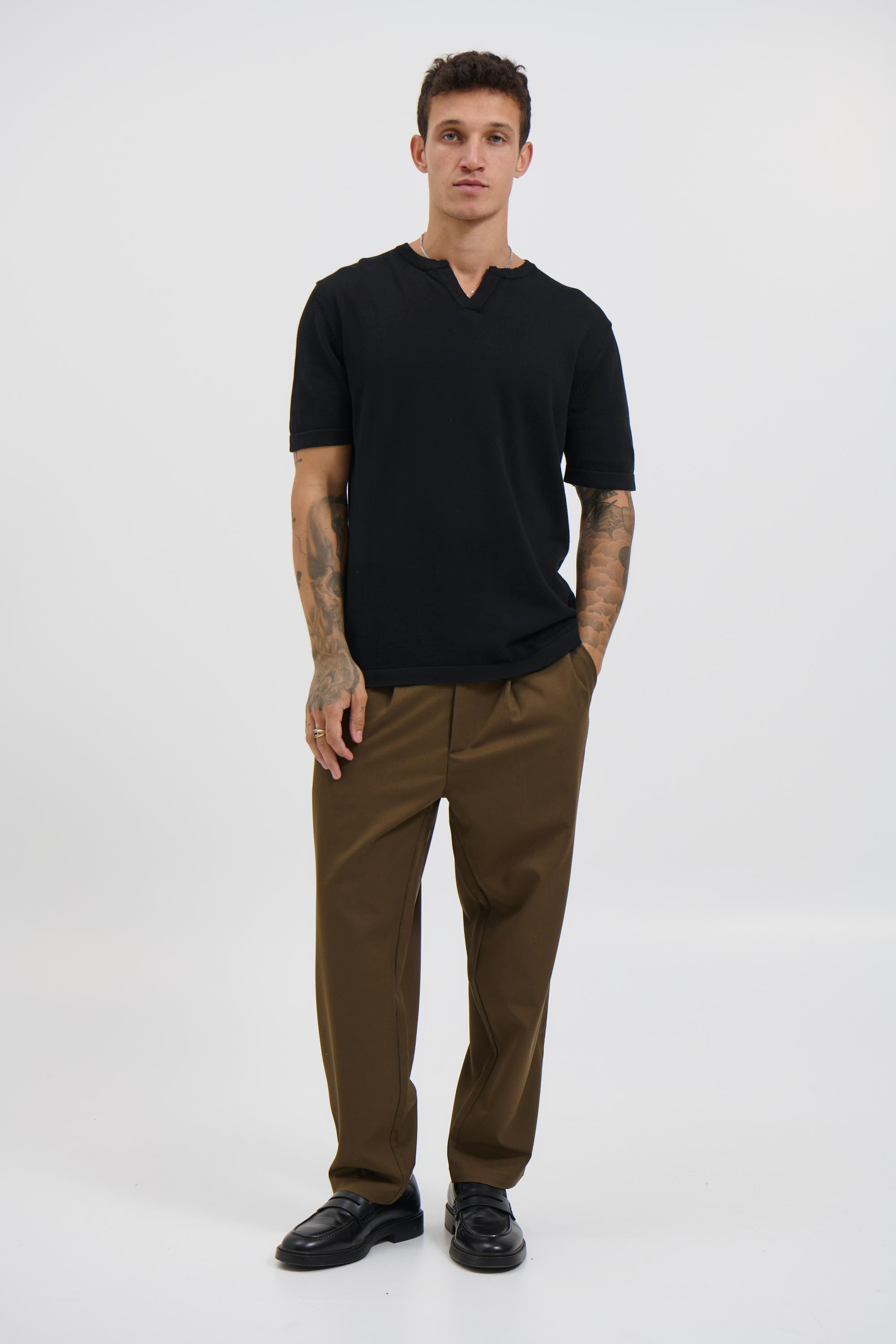 Knitted Split Neck Tee Black