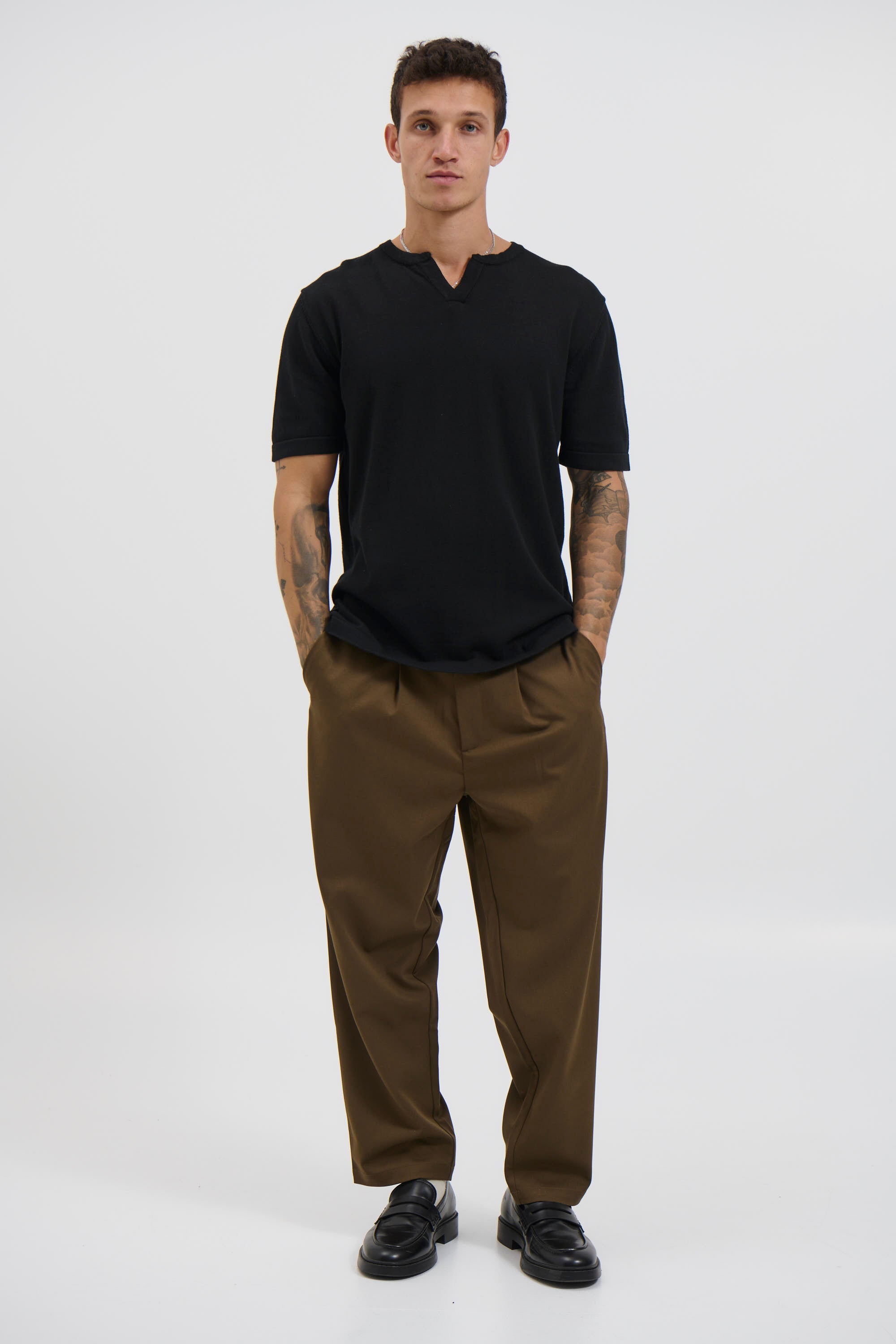 Knitted Split Neck Tee Black