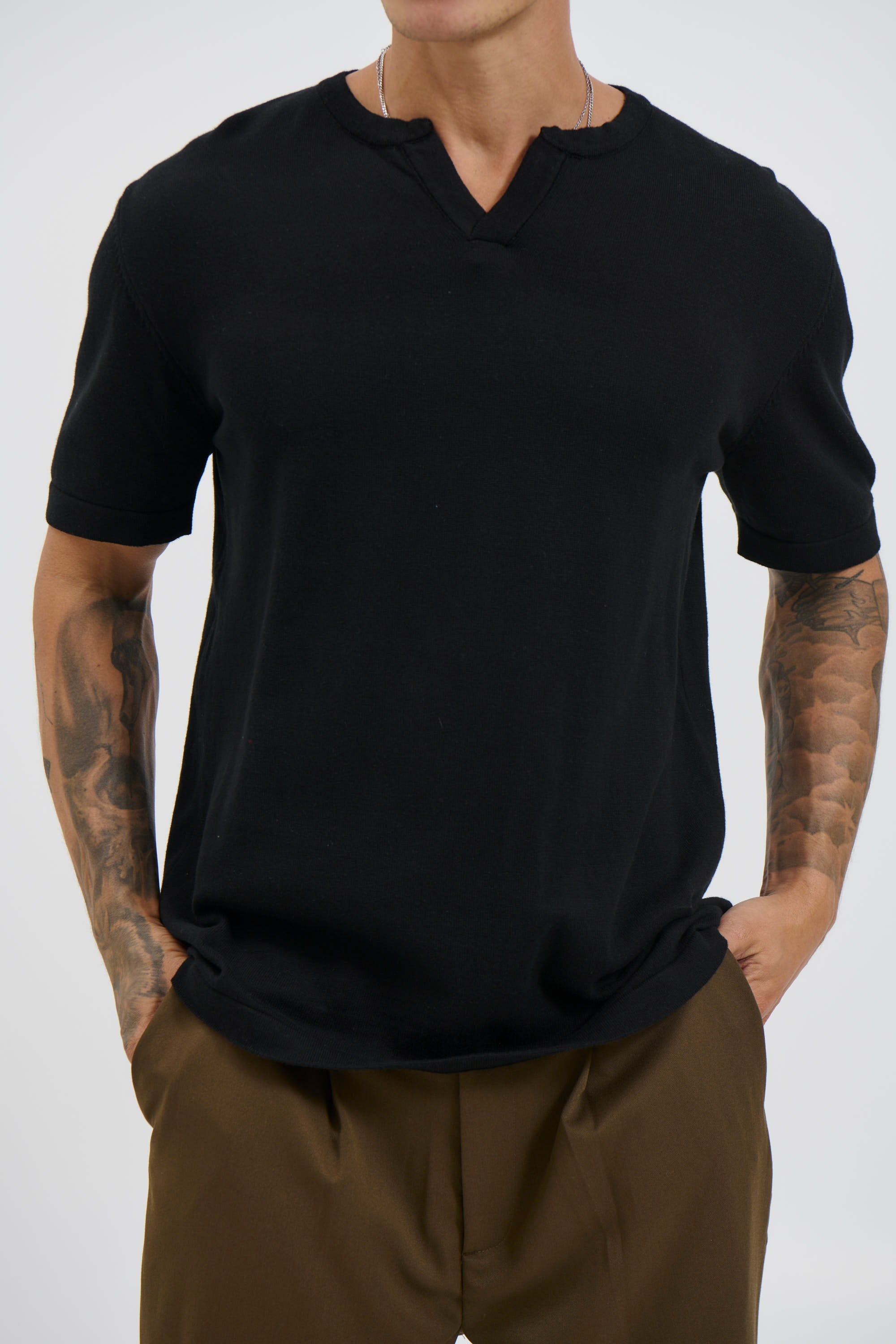 Knitted Split Neck Tee Black