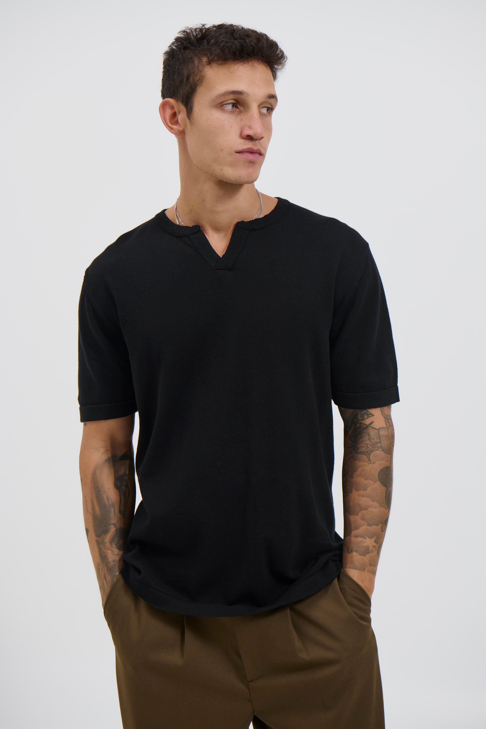 Knitted Split Neck Tee Black