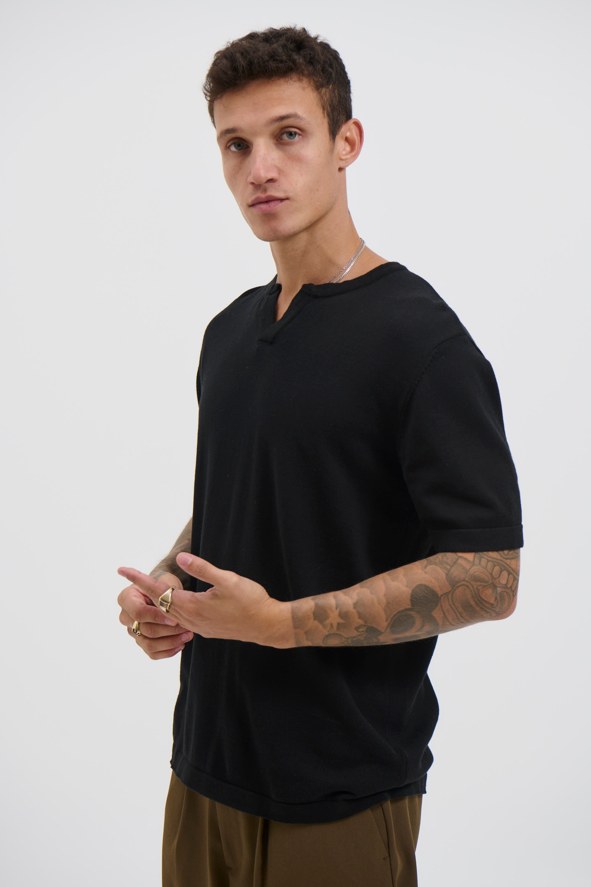 Knitted Split Neck Tee Black