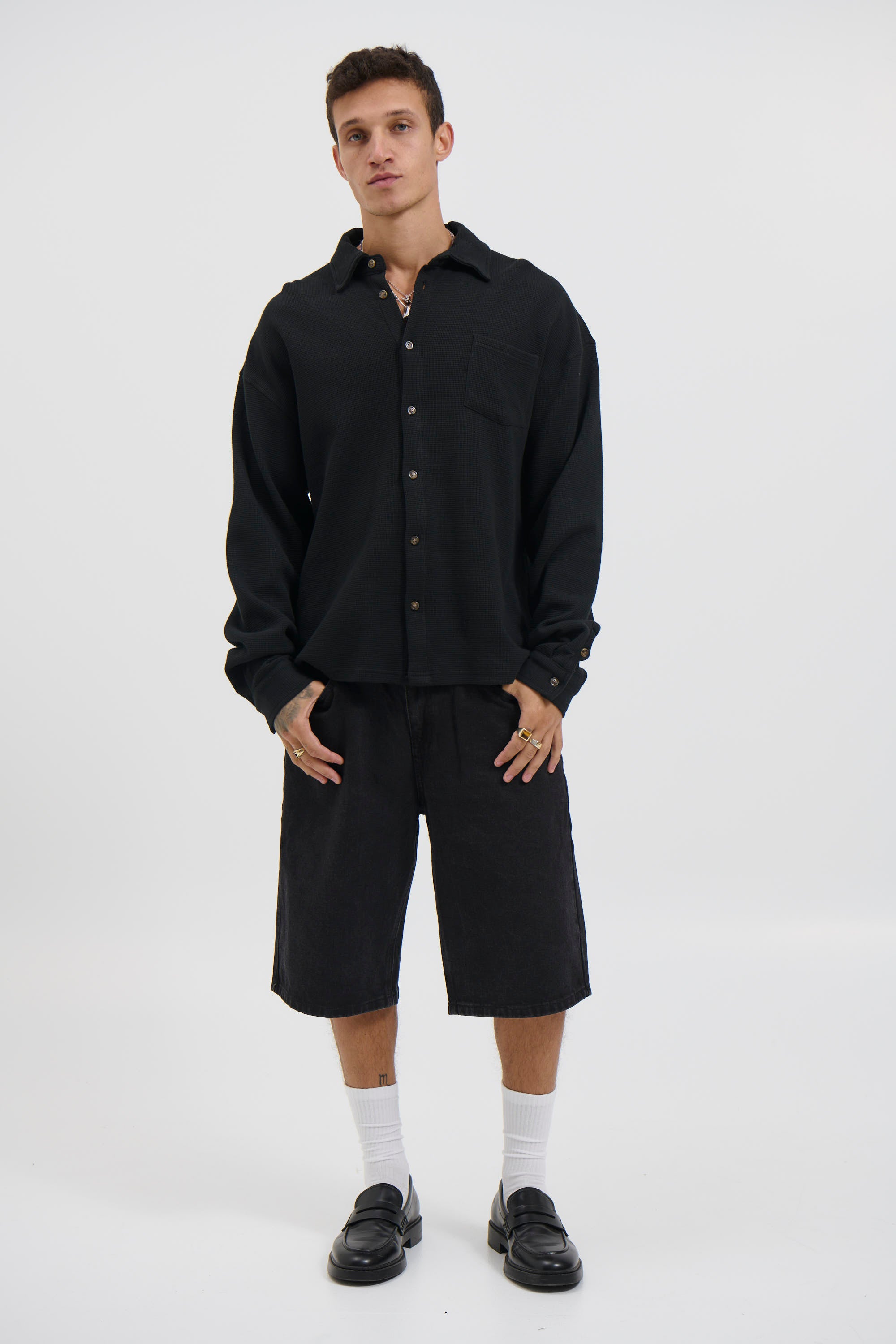Long Sleeve Waffle Shirt Black