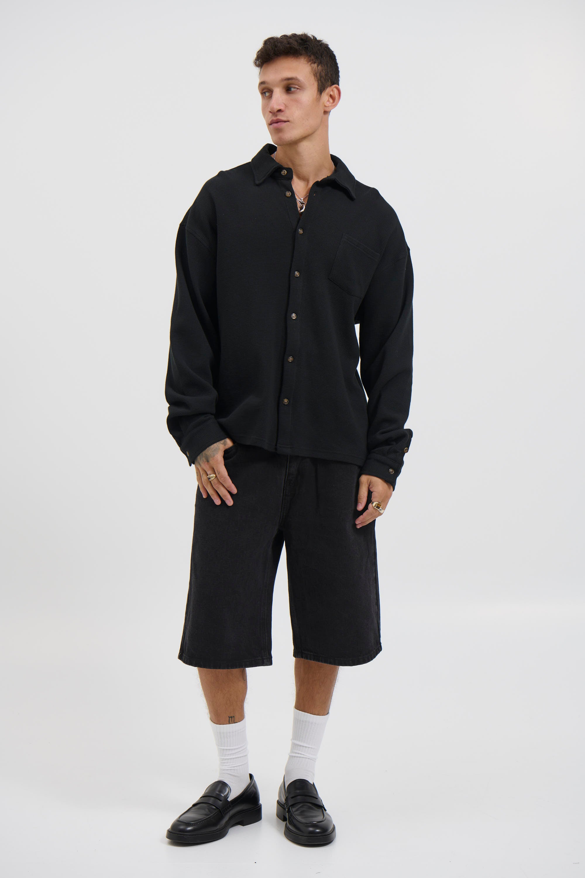 Long Sleeve Waffle Shirt Black