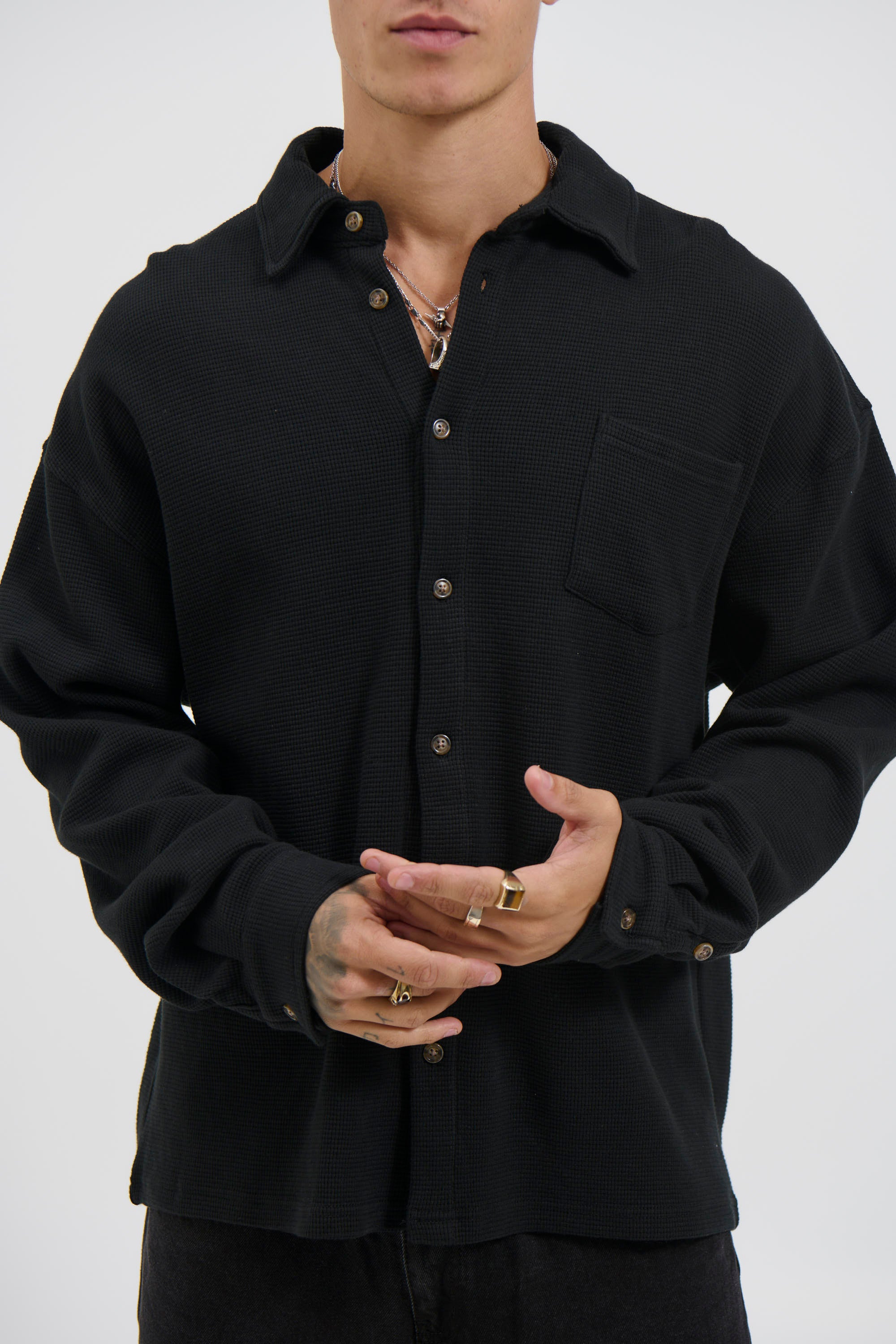 Long Sleeve Waffle Shirt Black