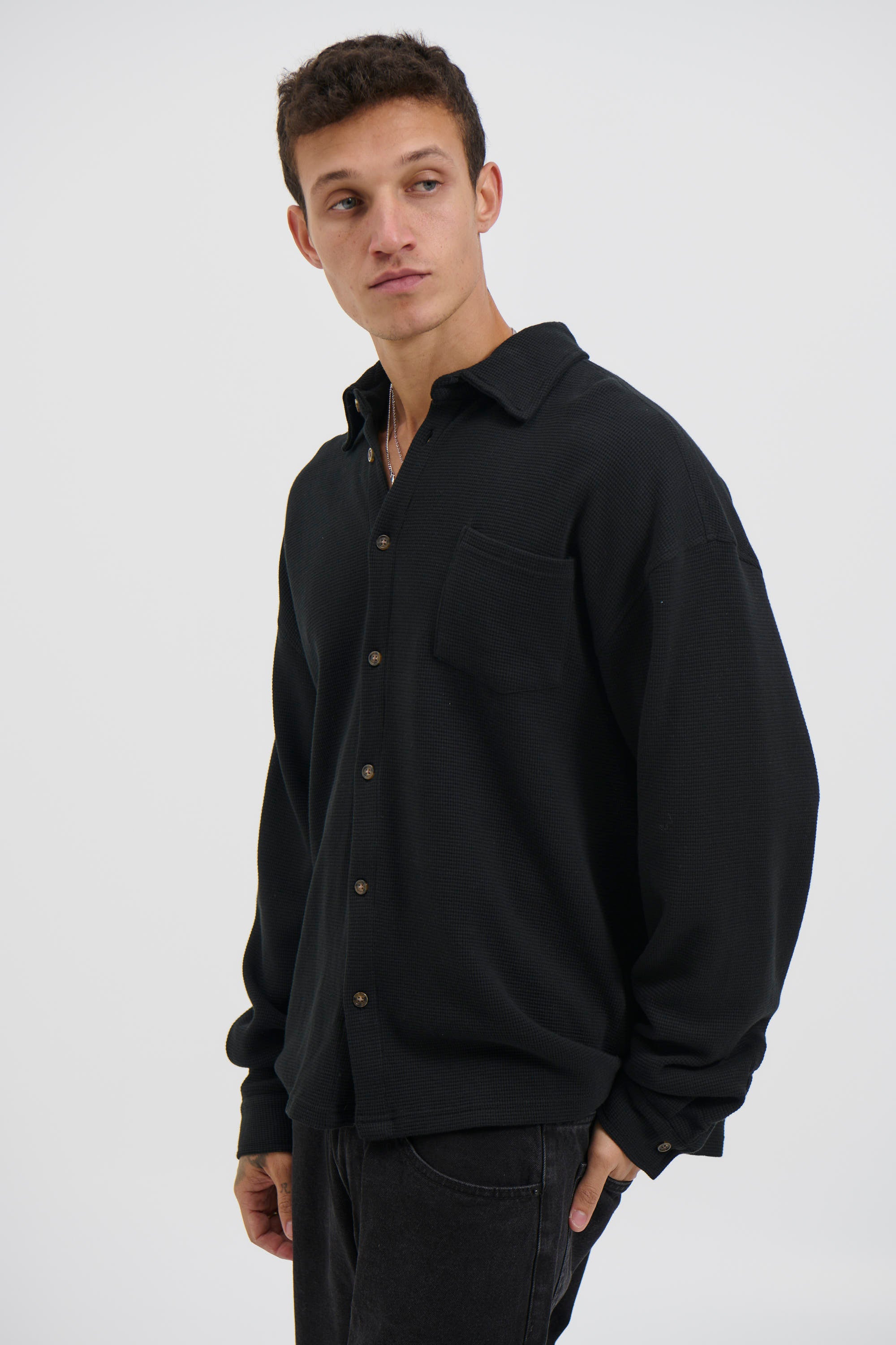 Long Sleeve Waffle Shirt Black
