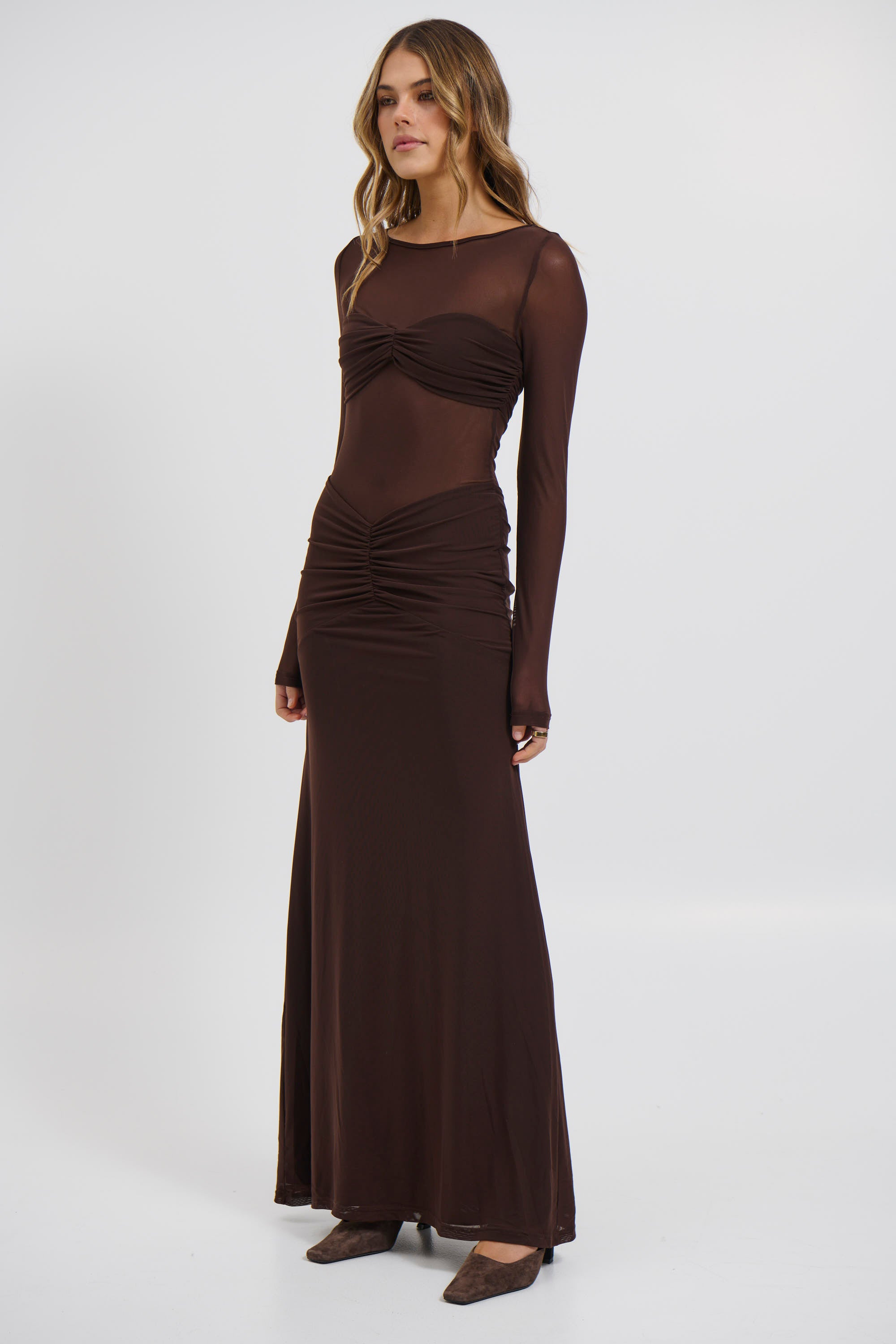 Romy Sleeved Ruched Maxi Dress Bitter Chocolate