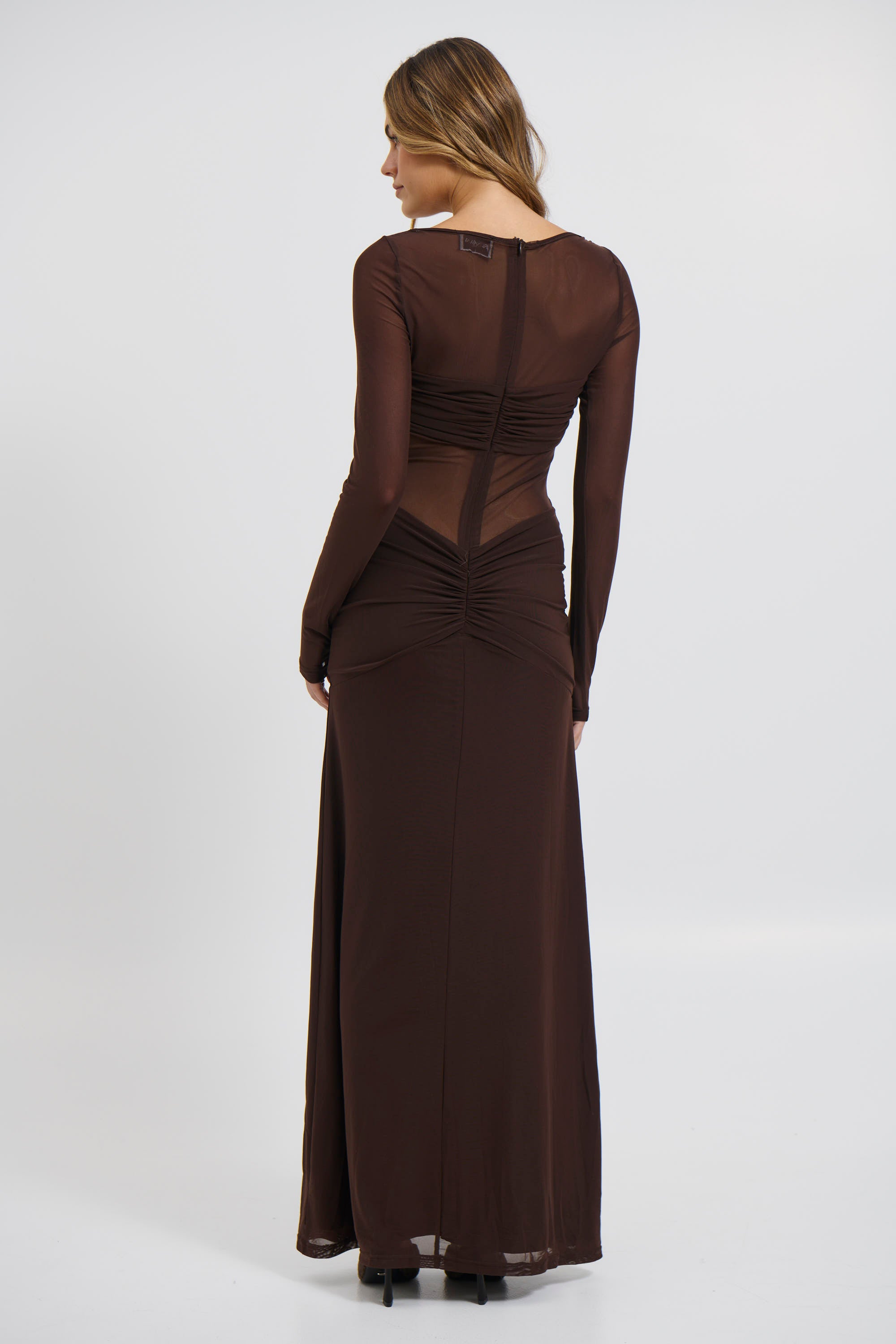 Romy Sleeved Ruched Maxi Dress Bitter Chocolate
