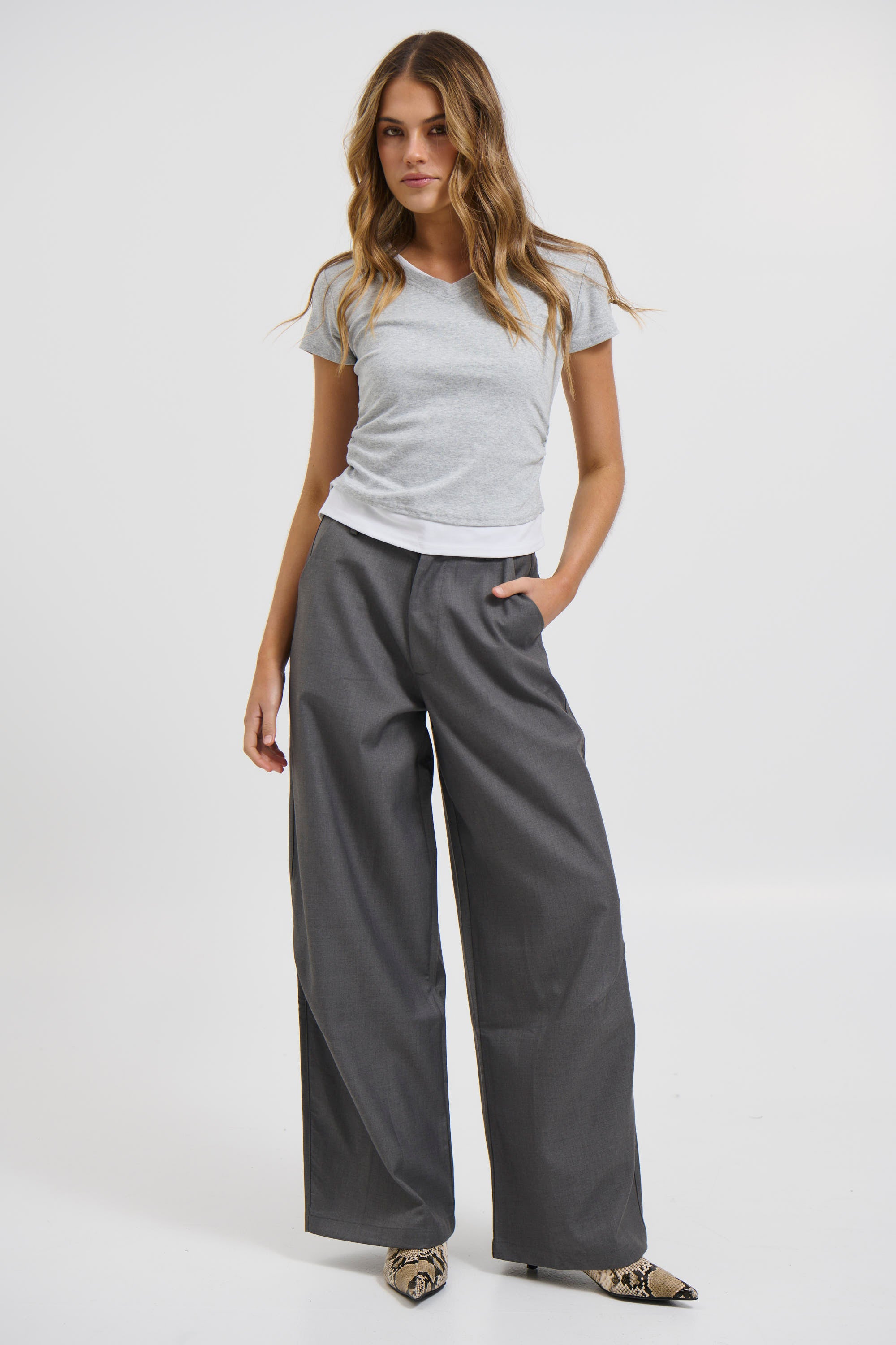 Arlie V Neck Layered Tee Grey