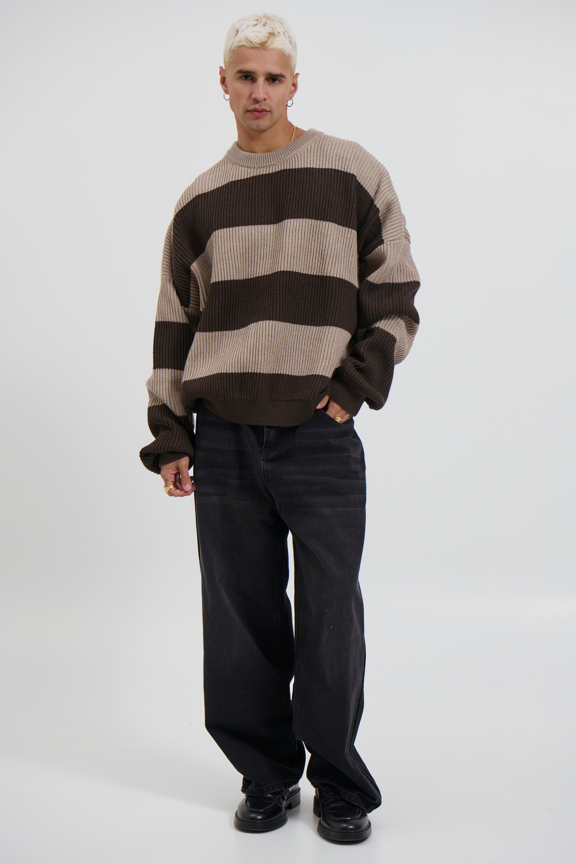 Drop Sleeve Heavy Knit Choc Stripe
