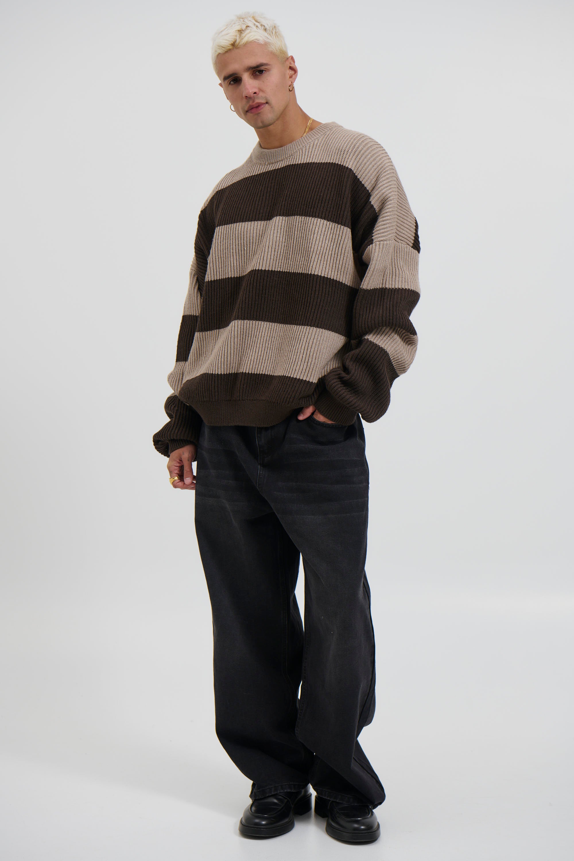 Drop Sleeve Heavy Knit Choc Stripe