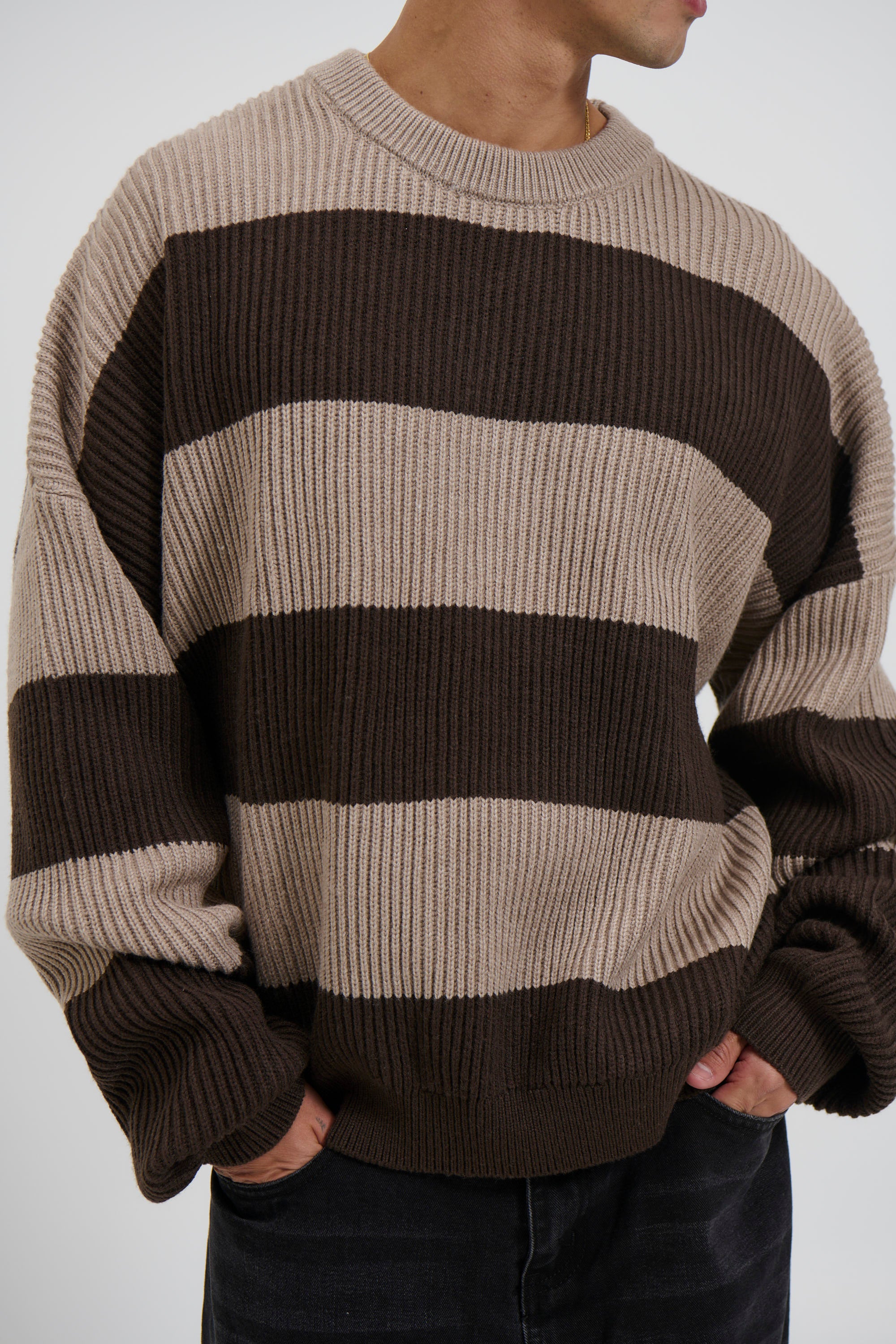 Drop Sleeve Heavy Knit Choc Stripe