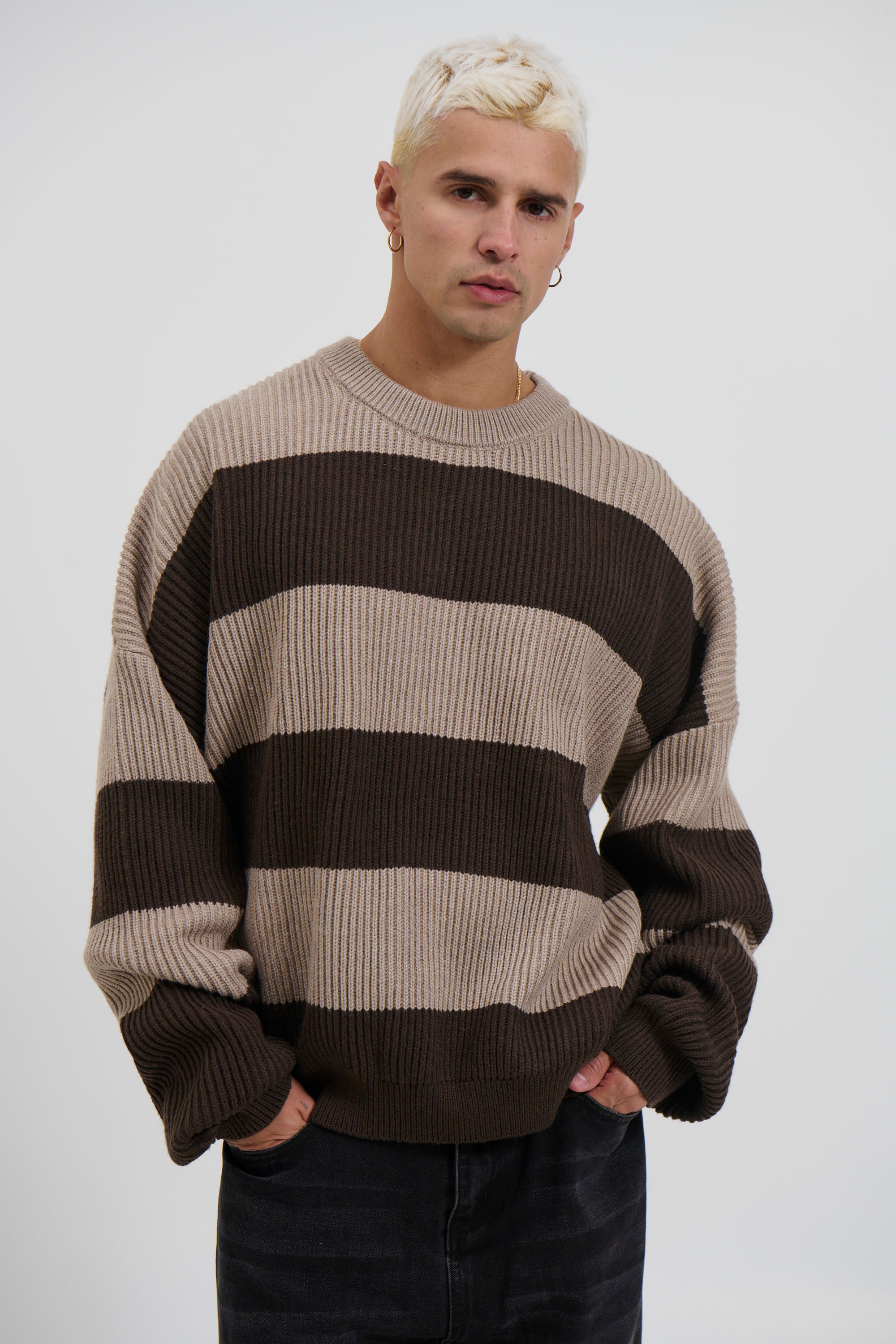 Drop Sleeve Heavy Knit Choc Stripe