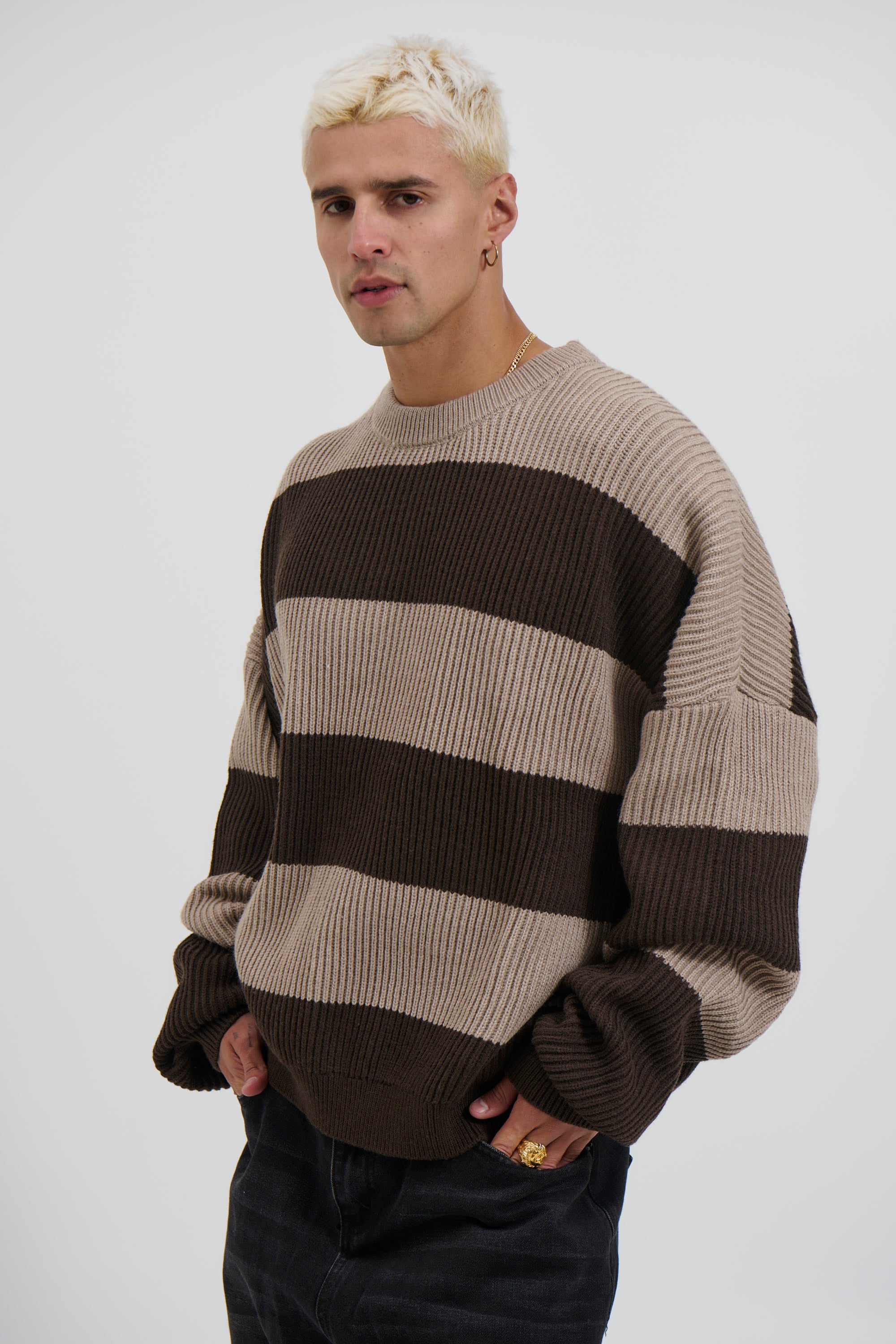 Drop Sleeve Heavy Knit Choc Stripe