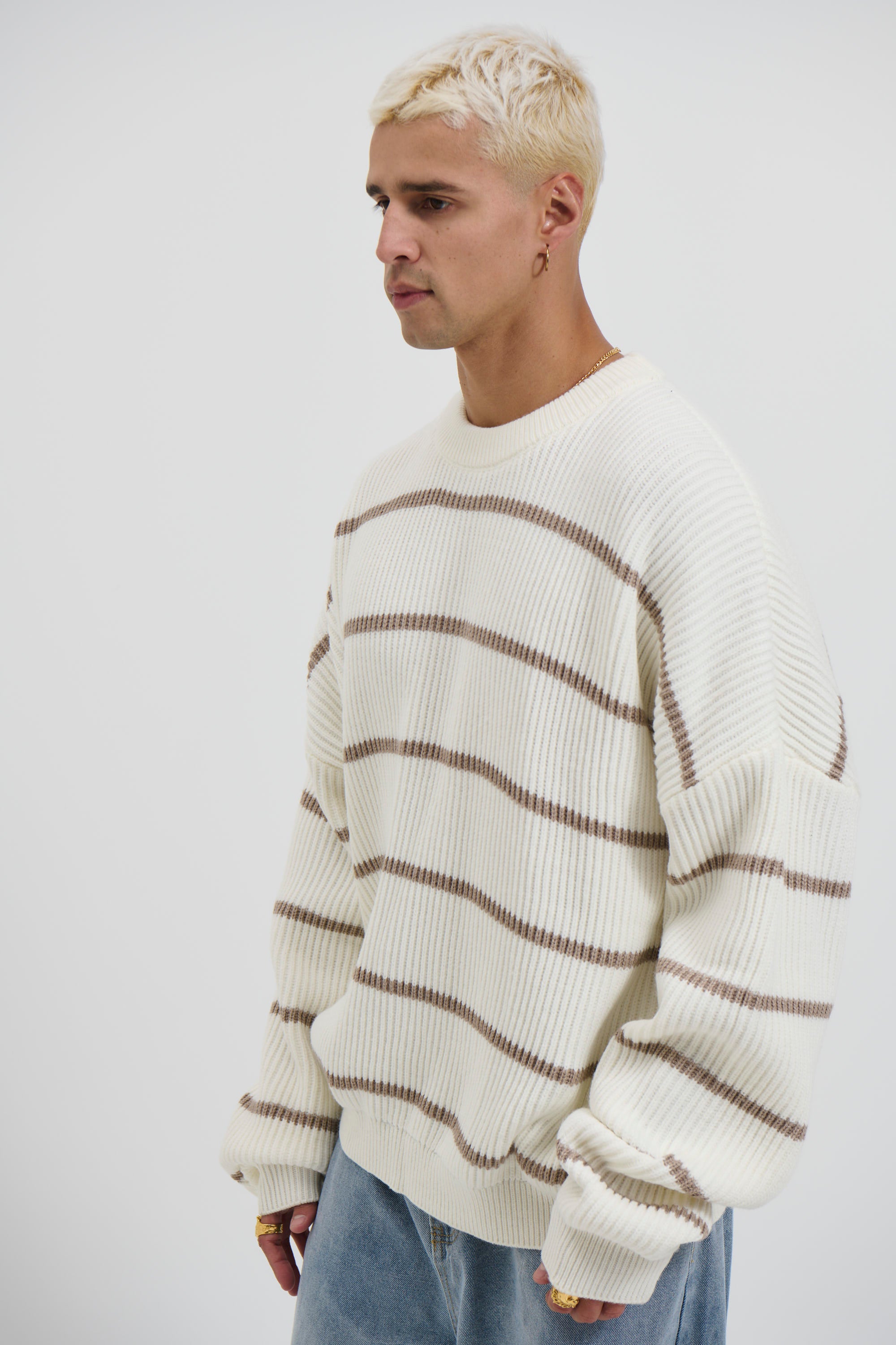 Drop Sleeve Heavy Knit White Stripe