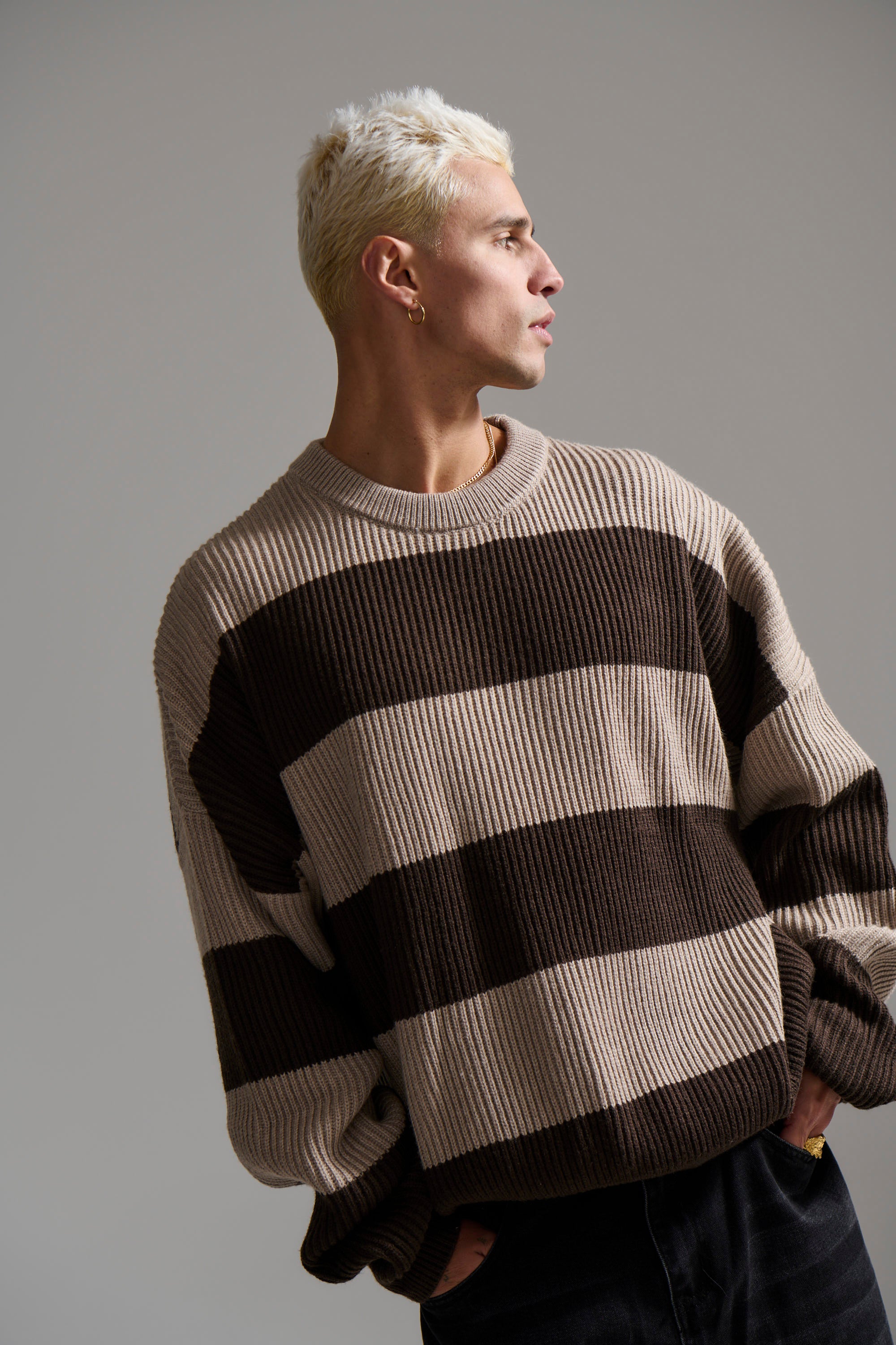 Drop Sleeve Heavy Knit Choc Stripe