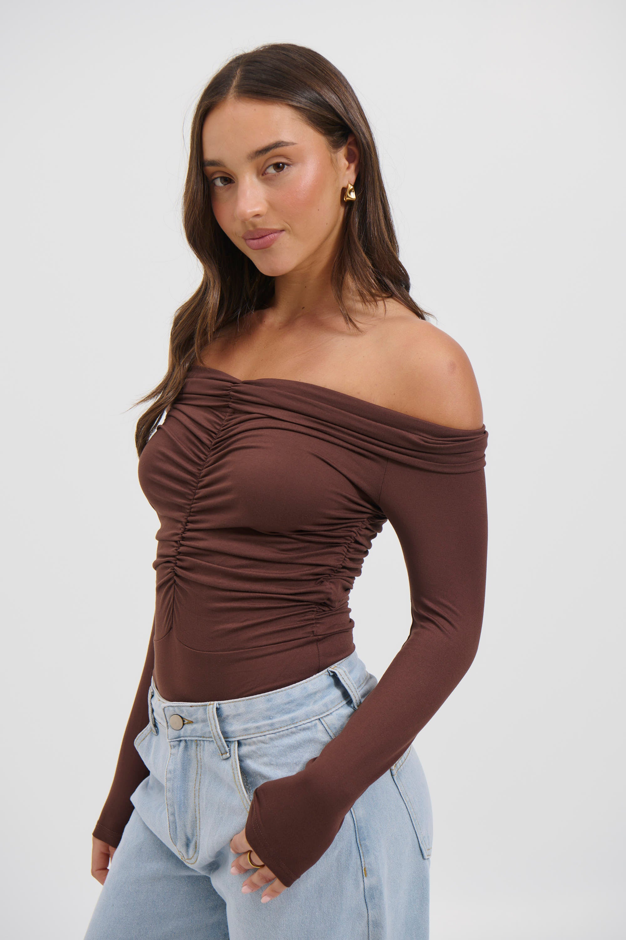Harlow Off The Shoulder Bodysuit Chocolate