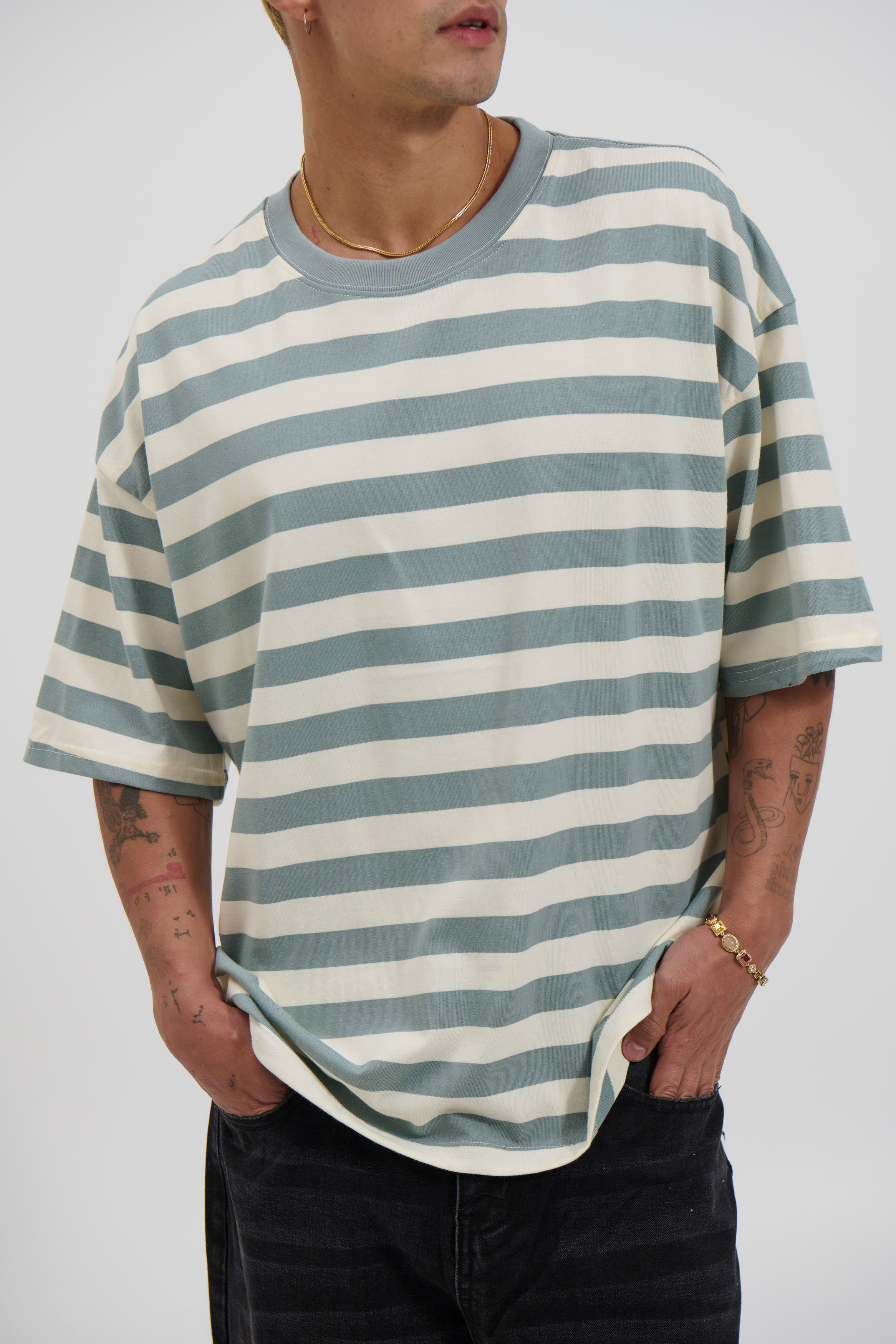 Midweight Signature Tee Sage Stripe