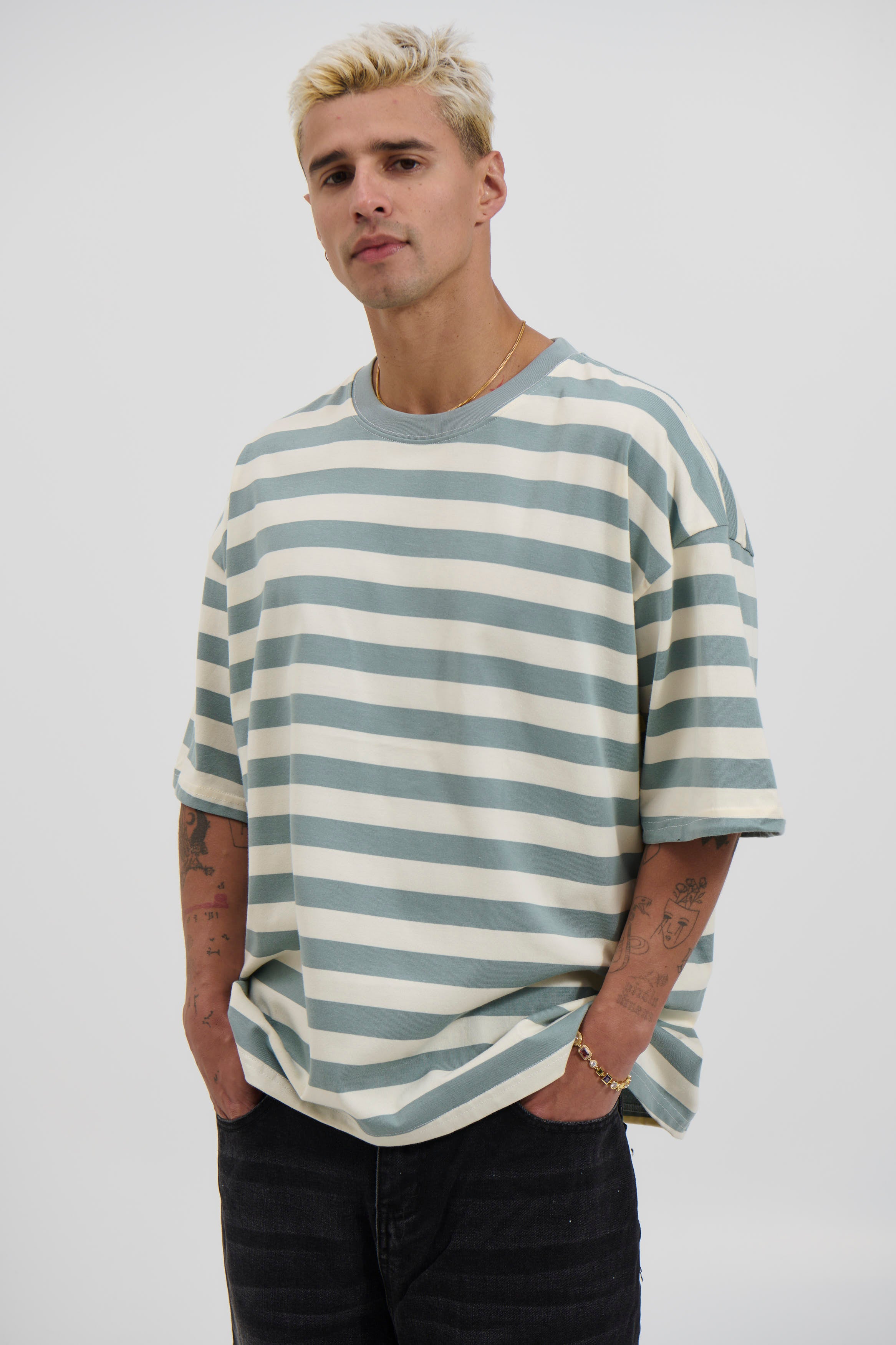 Midweight Signature Tee Sage Stripe